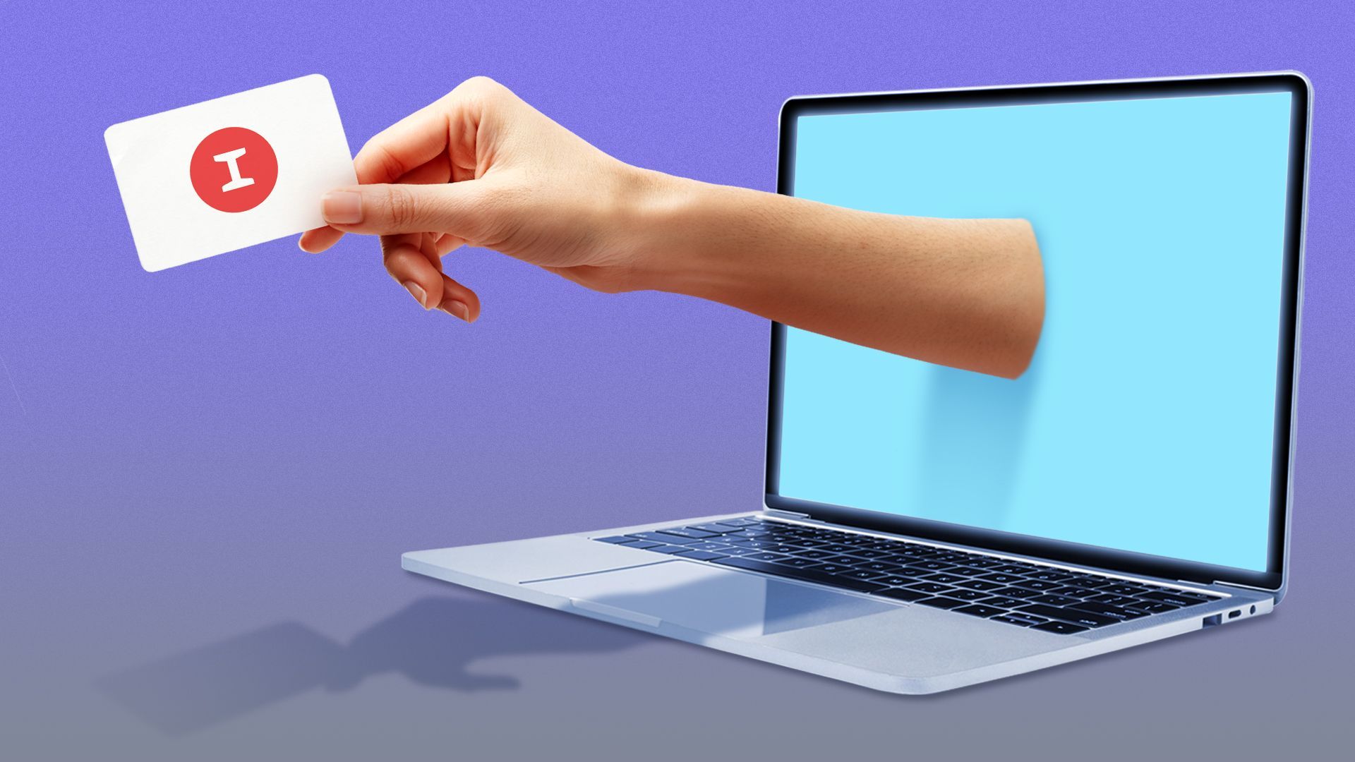 Illustration of a hand coming out of a laptop screen, holding a business card with The Information's logo on it. 