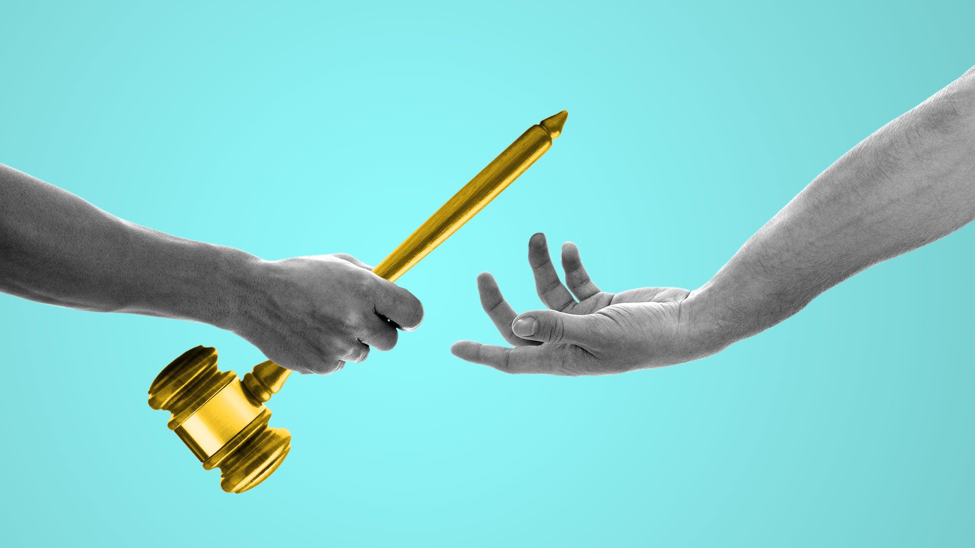 Illustration of two hands passing off a judge's gavel as if it were a baton.