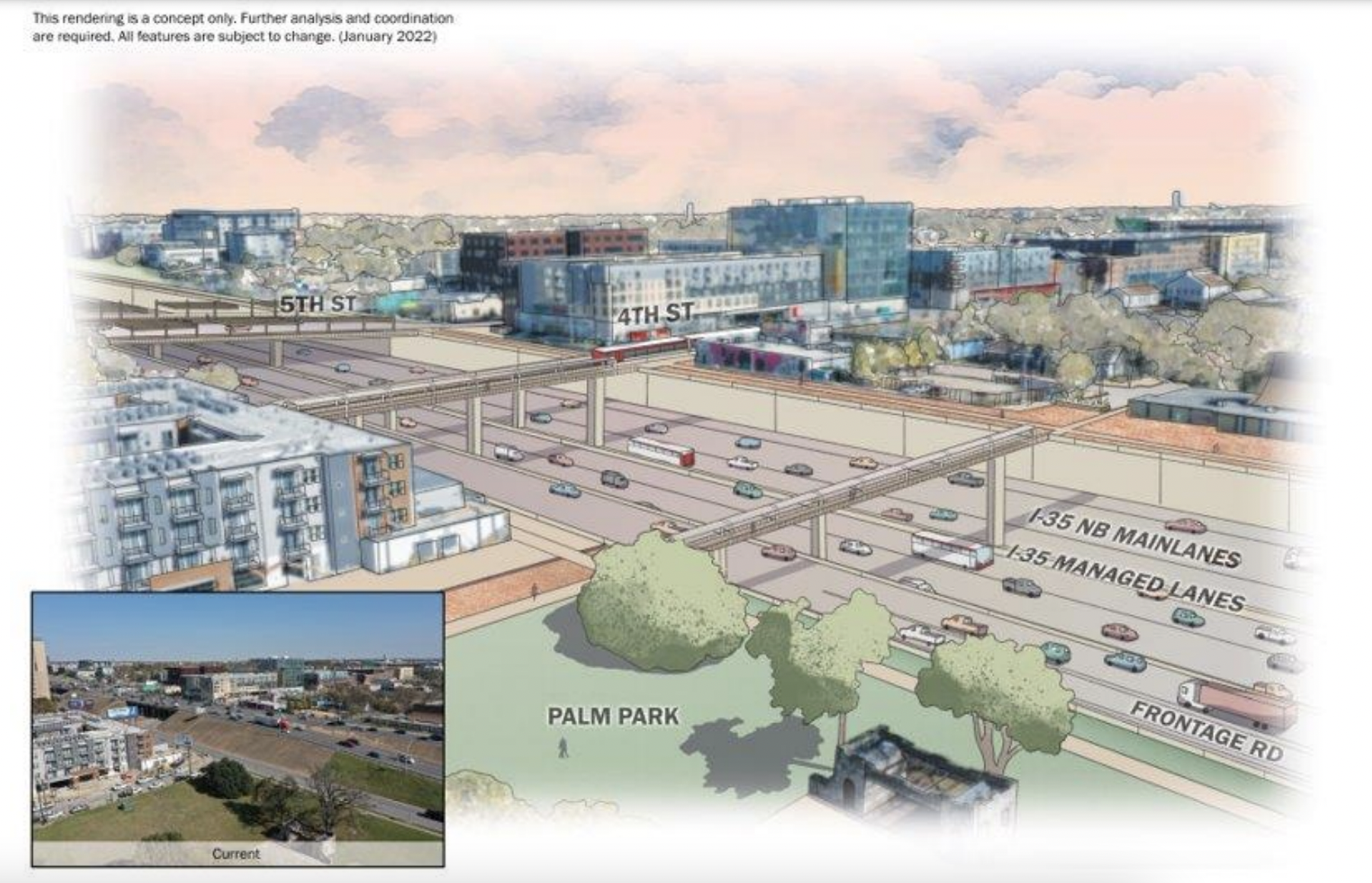 A rendering of a revamped I-35 in downtown Austin.