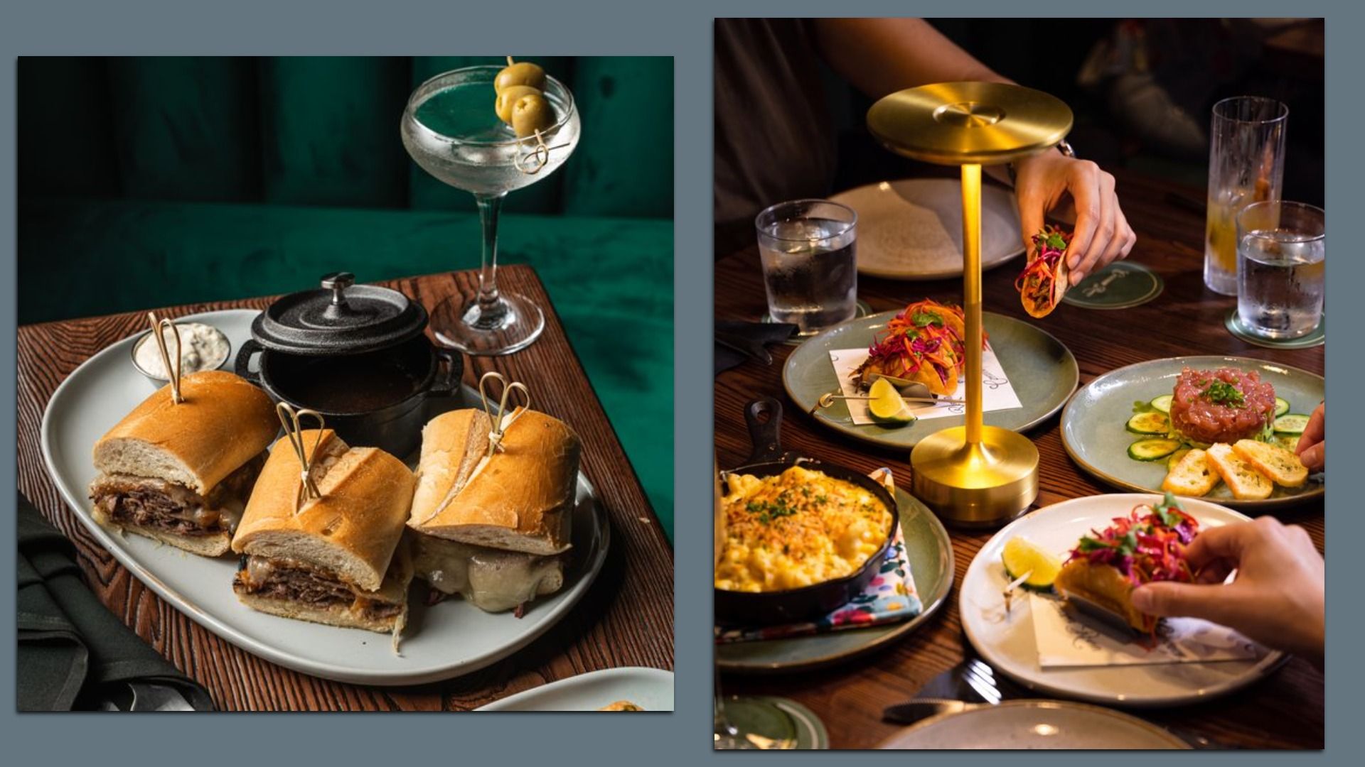 Two-panel dining scene: left shows a plate of three beef sliders, a small black pot, and a cocktail on a wooden table; right shows a gold stand with tapas, a hand lifting a bite, and colorful plates and drinks.