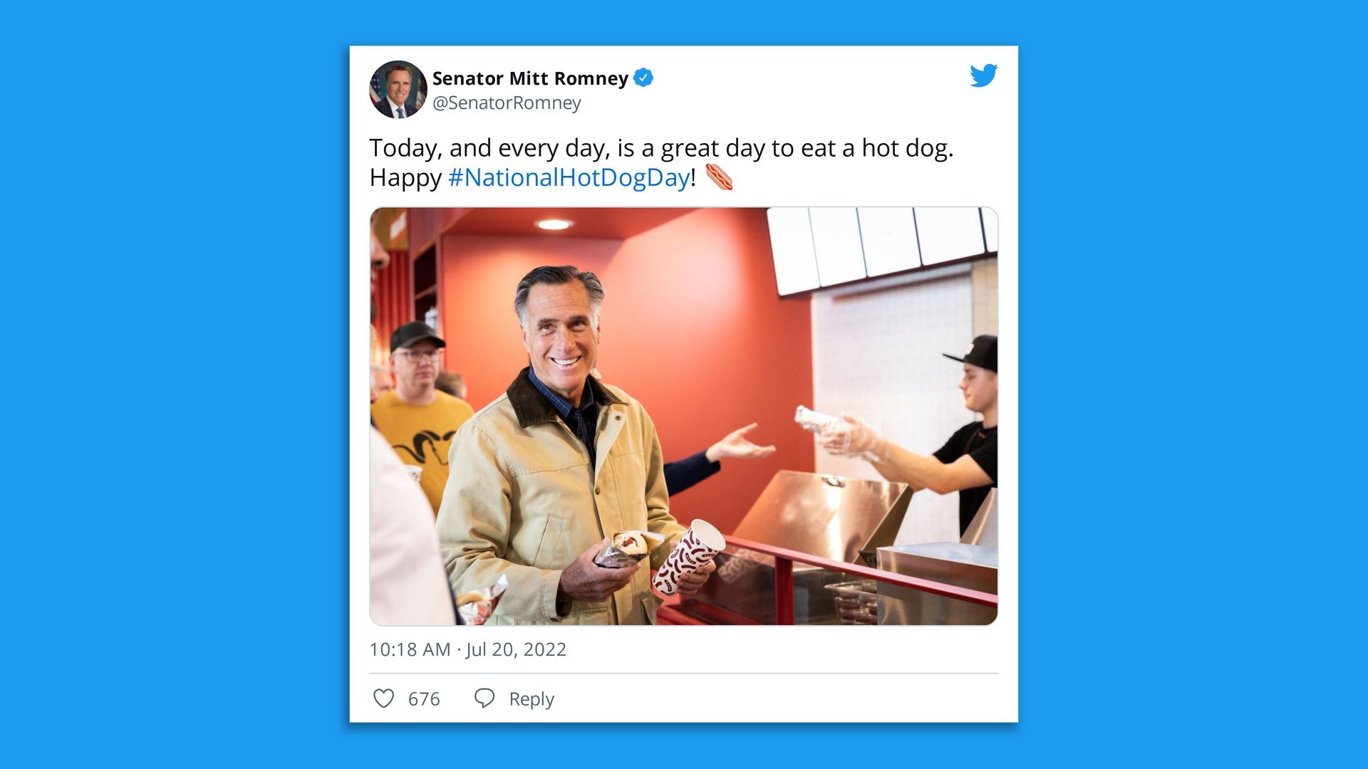 A screenshot of a Sen. Mitt Romney tweet celebrating National Hot Dog Day.