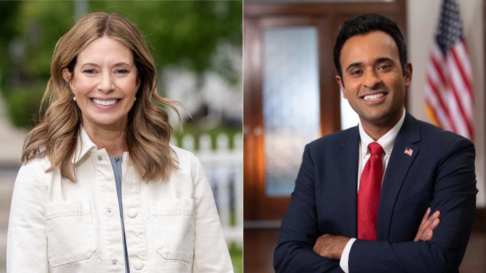 Split image: left a smiling woman with light brown hair wearing a light jacket outdoors; right a smiling man in a dark suit with a red tie indoors, with an American flag in the background.