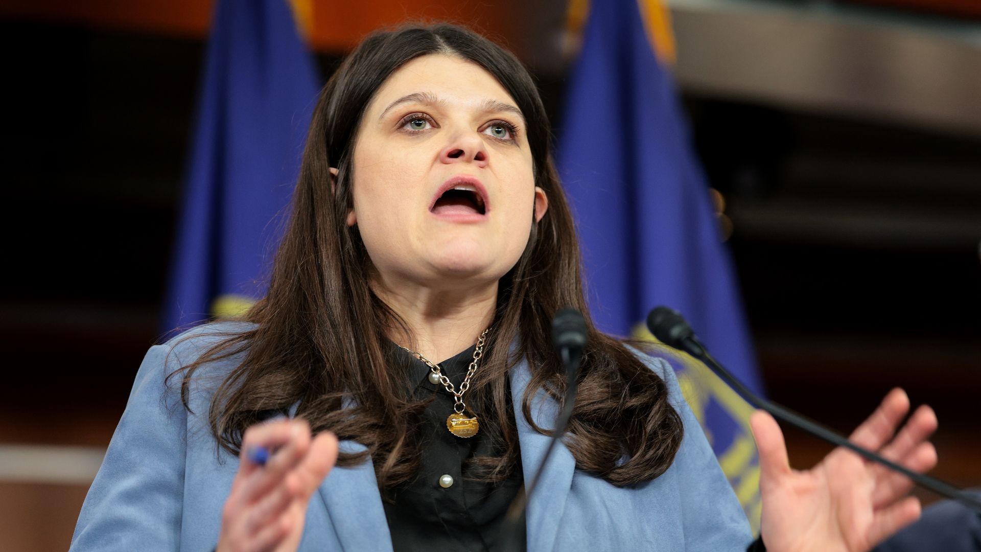 Haley Stevens, wearing a blue suit, speaks into a microphone in front of a pair of blue flags.