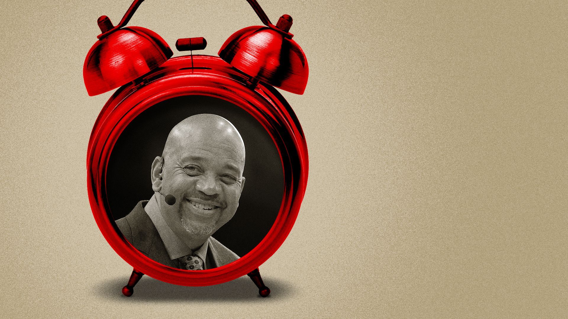 Photo illustration collage of Michael Wilbon inside a red alarm clock.