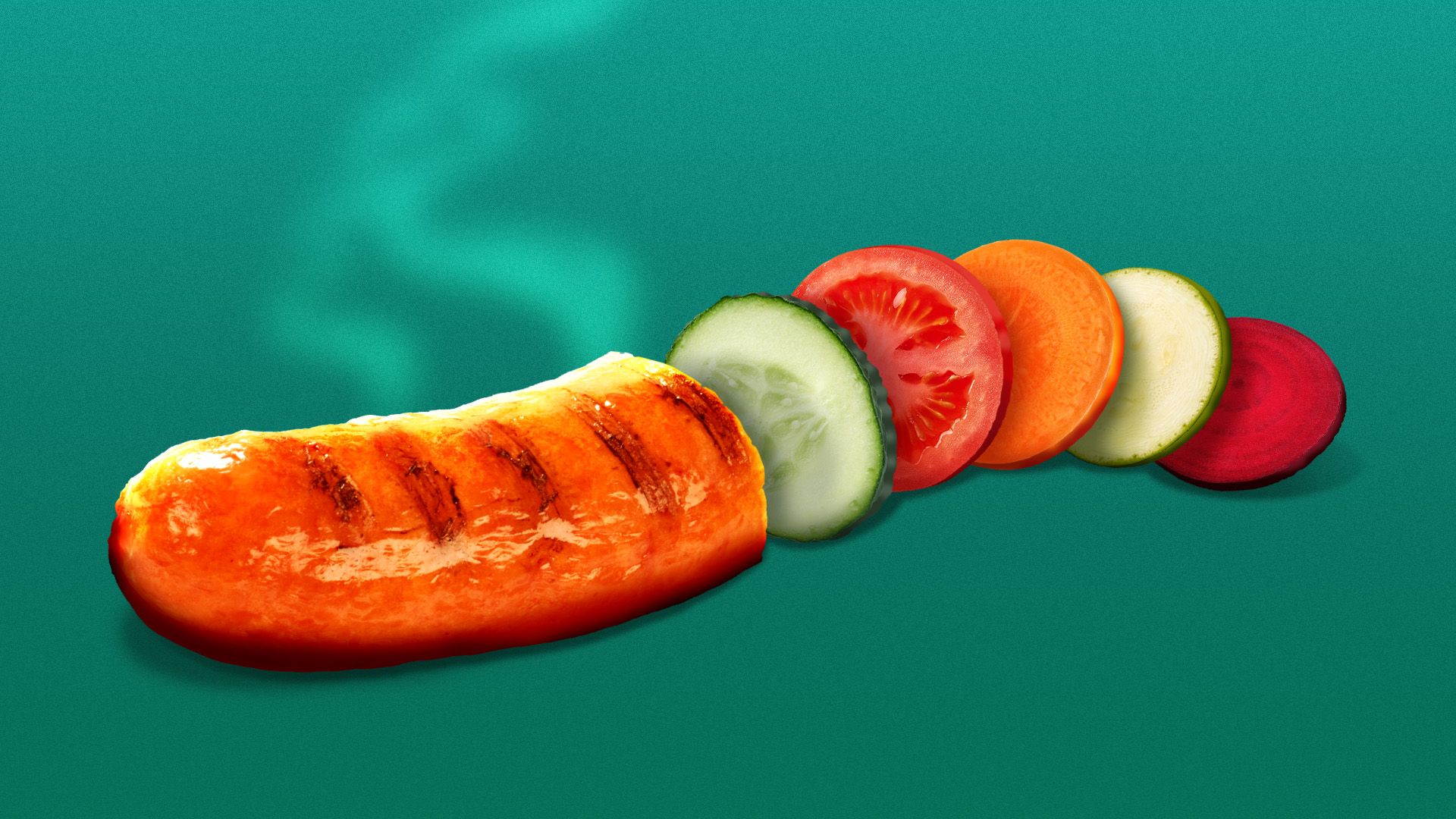 Illustration of slices of sausage in the form of various vegetables