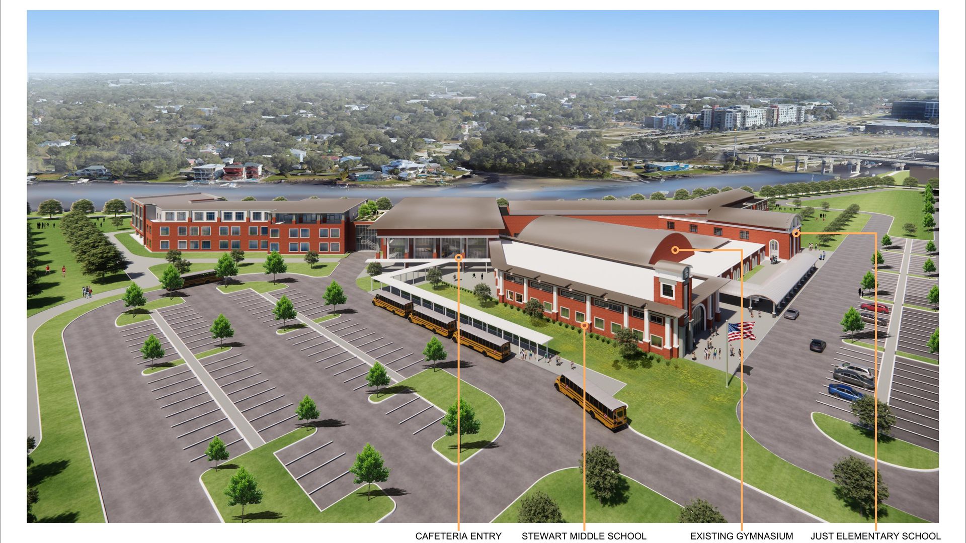 A conceptual design of the rebuilt Just Elementary and Stewart Middle School in West Tampa.