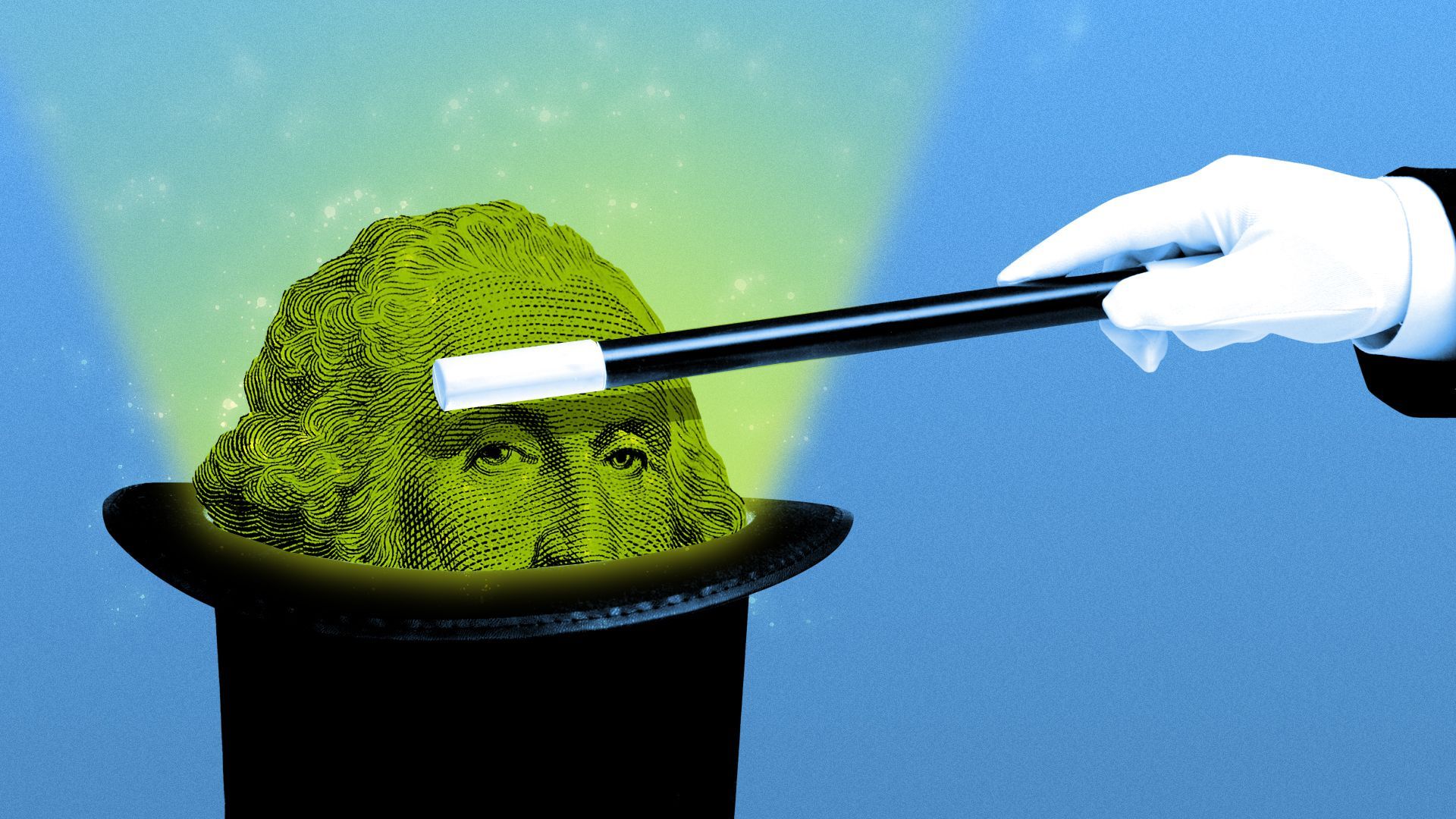 Illustration of a magician's hat with George Washington disappearing within