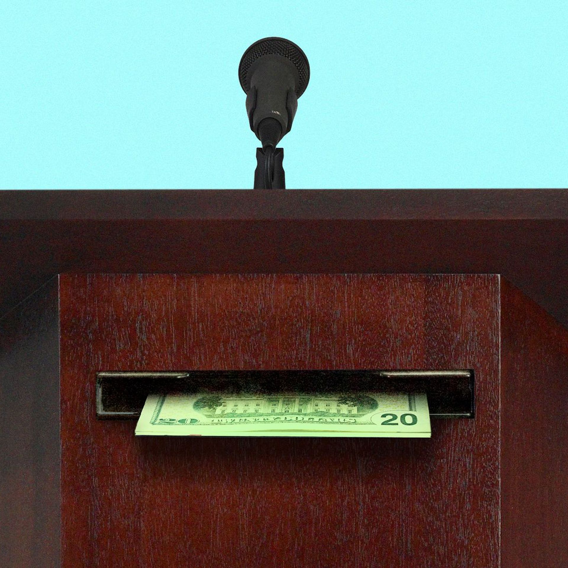 Illustration of a podium with a slot extruding twenty dollar bills