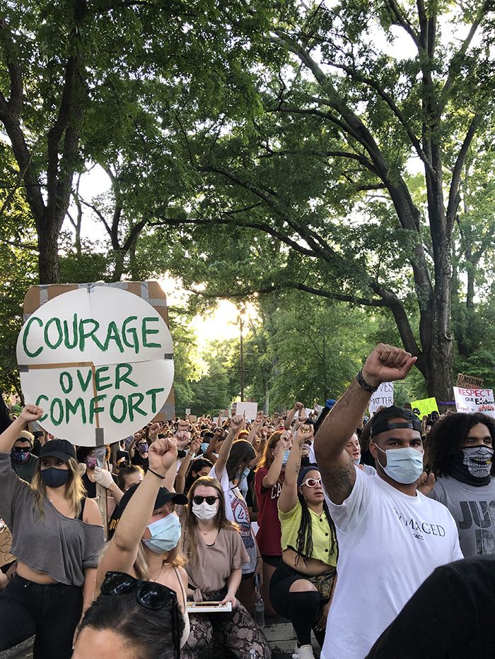 Protesters in Myers Park Monday evening