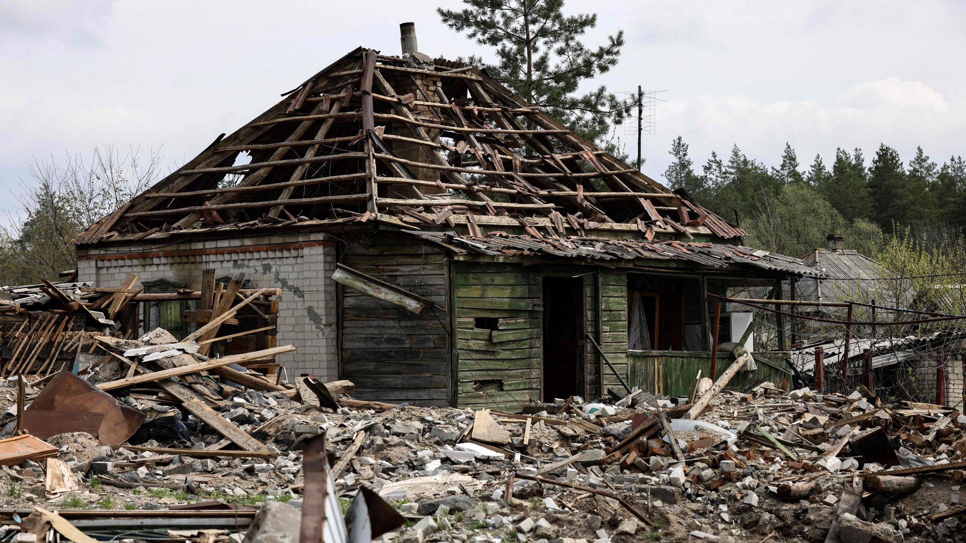 A destroyed house in the village of Yatskivka in the Donbas region of Ukraine on April 16.