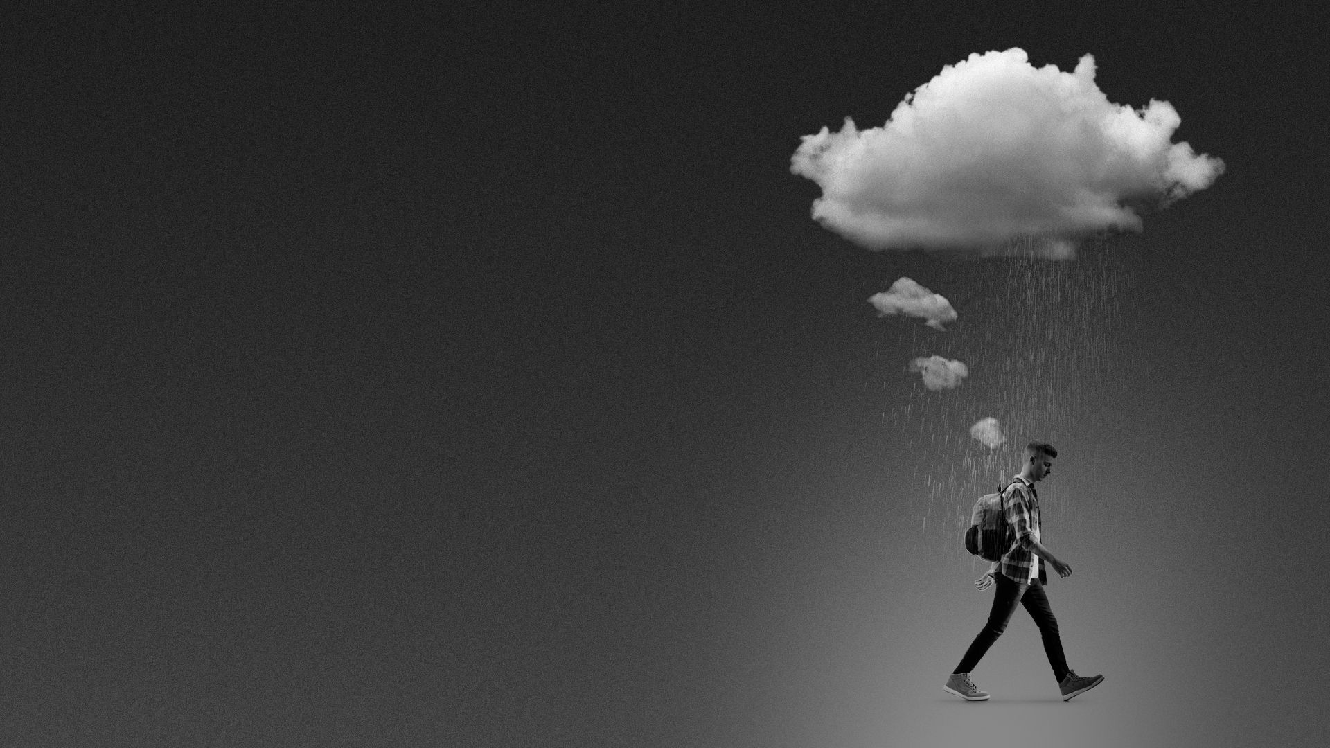 Illustration of a young man walking under a thought bubble shaped raincloud