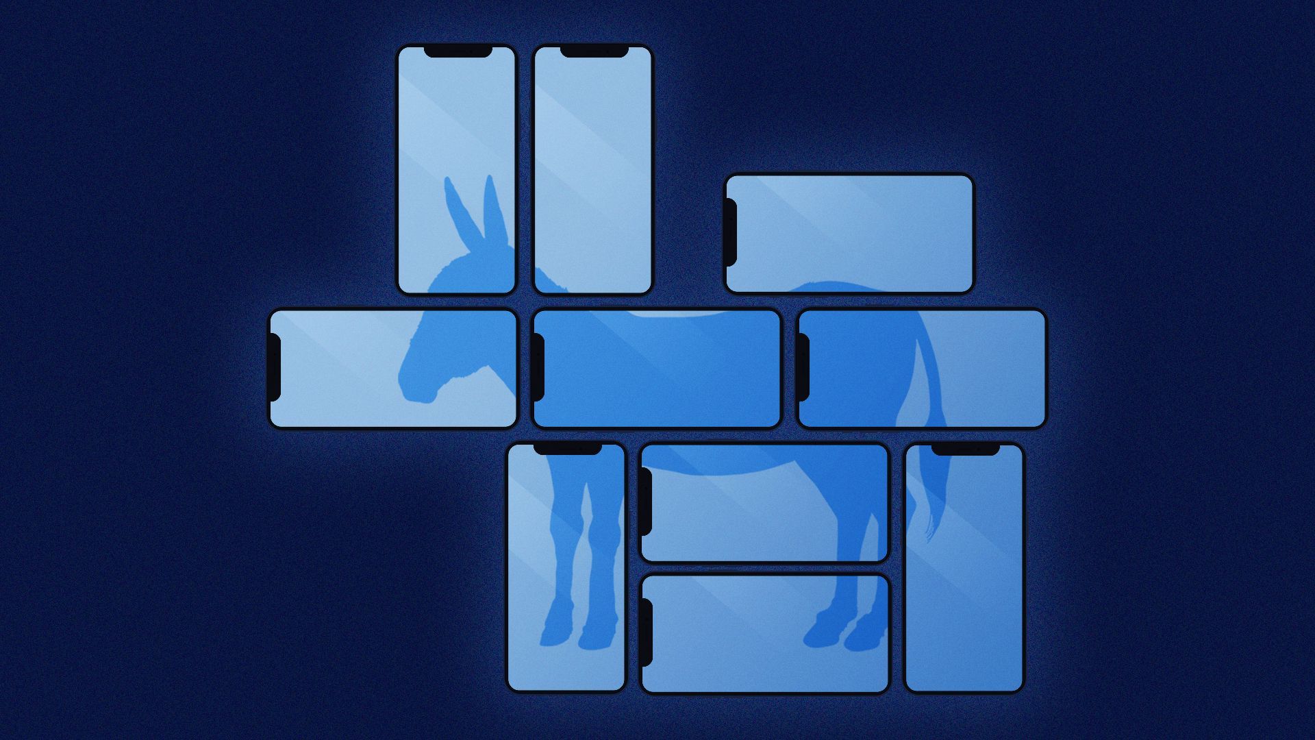 Illustration of smart phones arranged so that their screens form a giant donkey. 