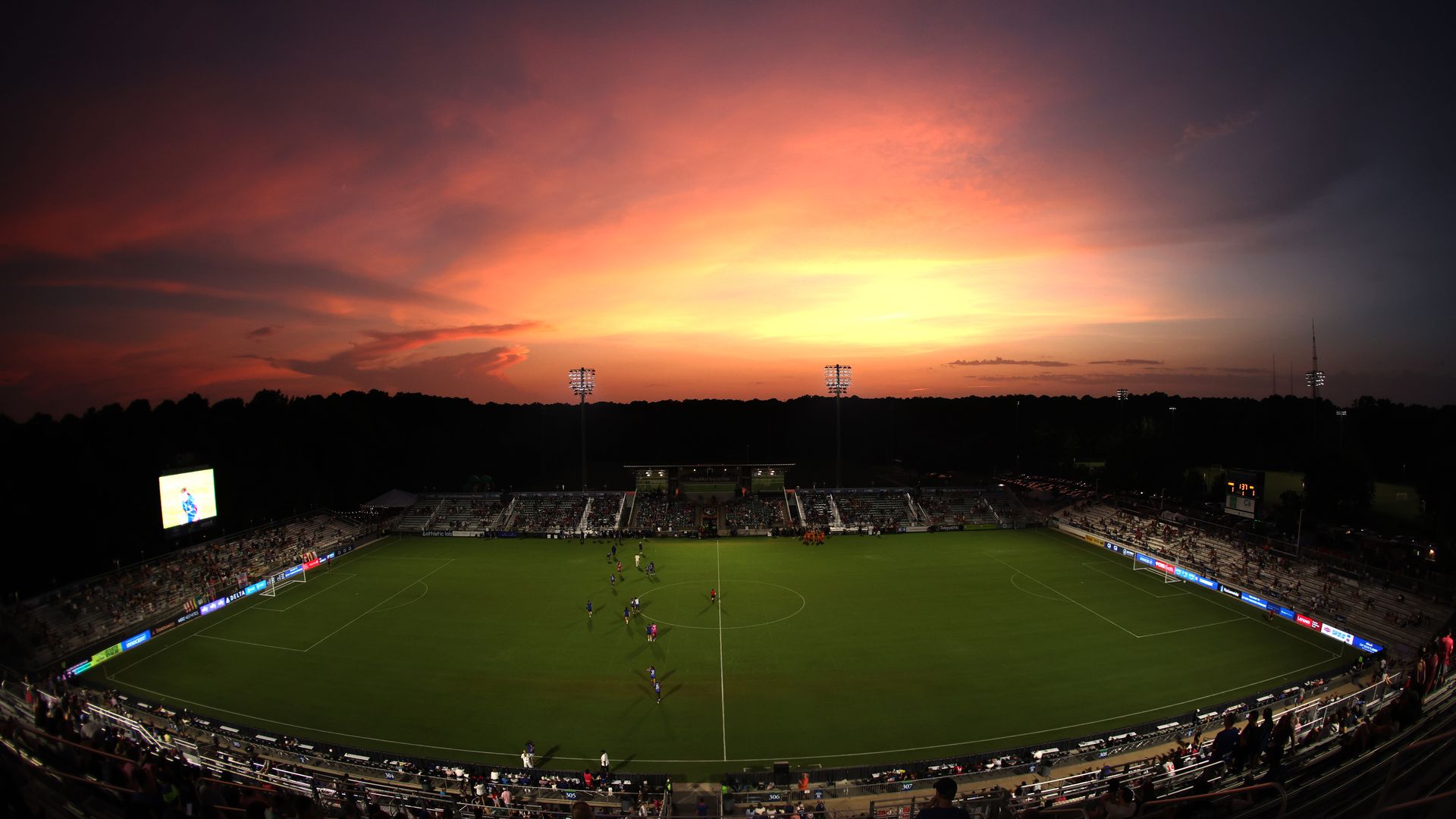 General view inside the stadium at sunset during the NWSL match between North Carolina Courage and Houston Dash in Cary, North Carolina.