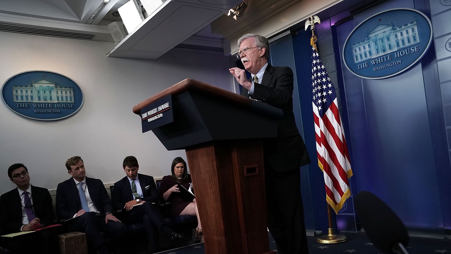 National Security Adviser John Bolton speaks during a White House news briefing at the James Brady Press Briefing Room of the White House October 3, 2018