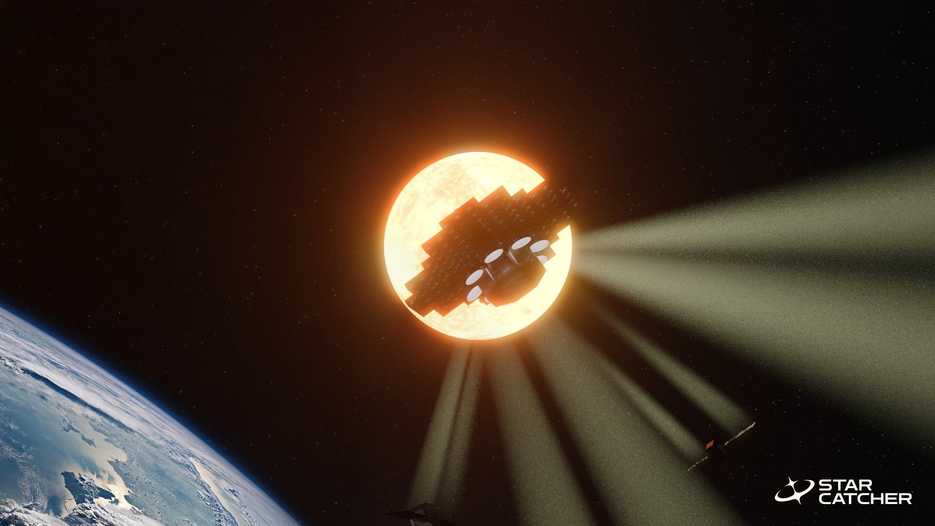 Space scene showing Earth in the lower left, a bright sun at center, and a large spacecraft using solar sails illuminated by the sun, with beams of light extending into space.