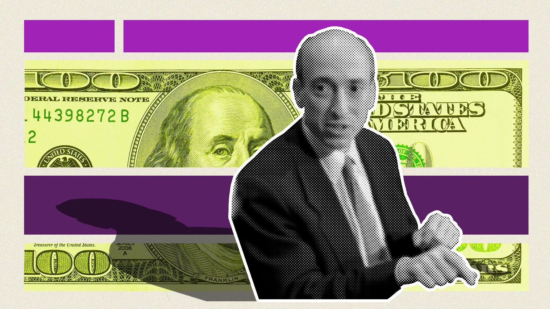 Illustration of a collage with Gary Gensler and a hundred dollar bill. 