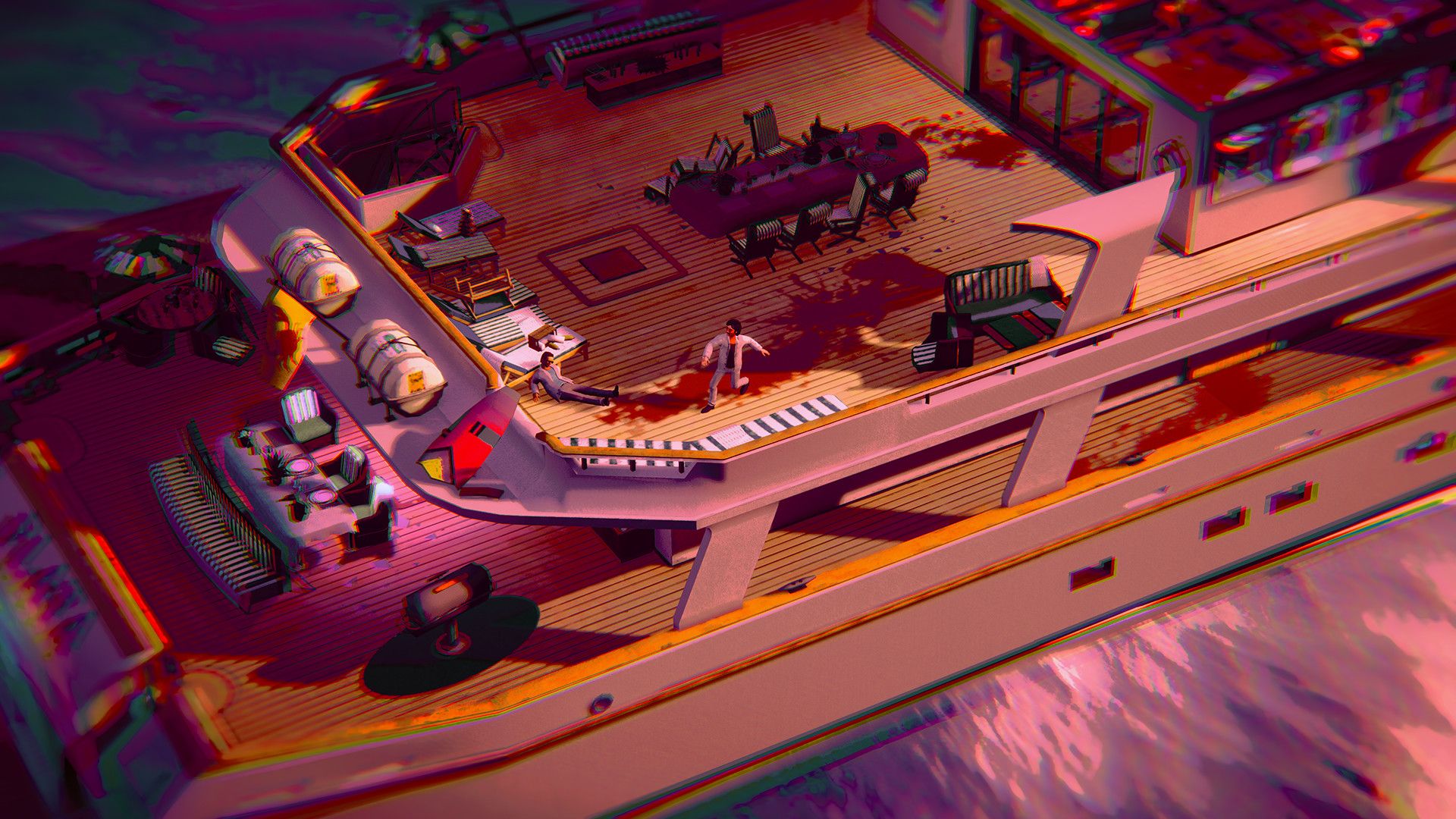 Video game screenhsot of the overhead view of a bloody crime scene on a yacht
