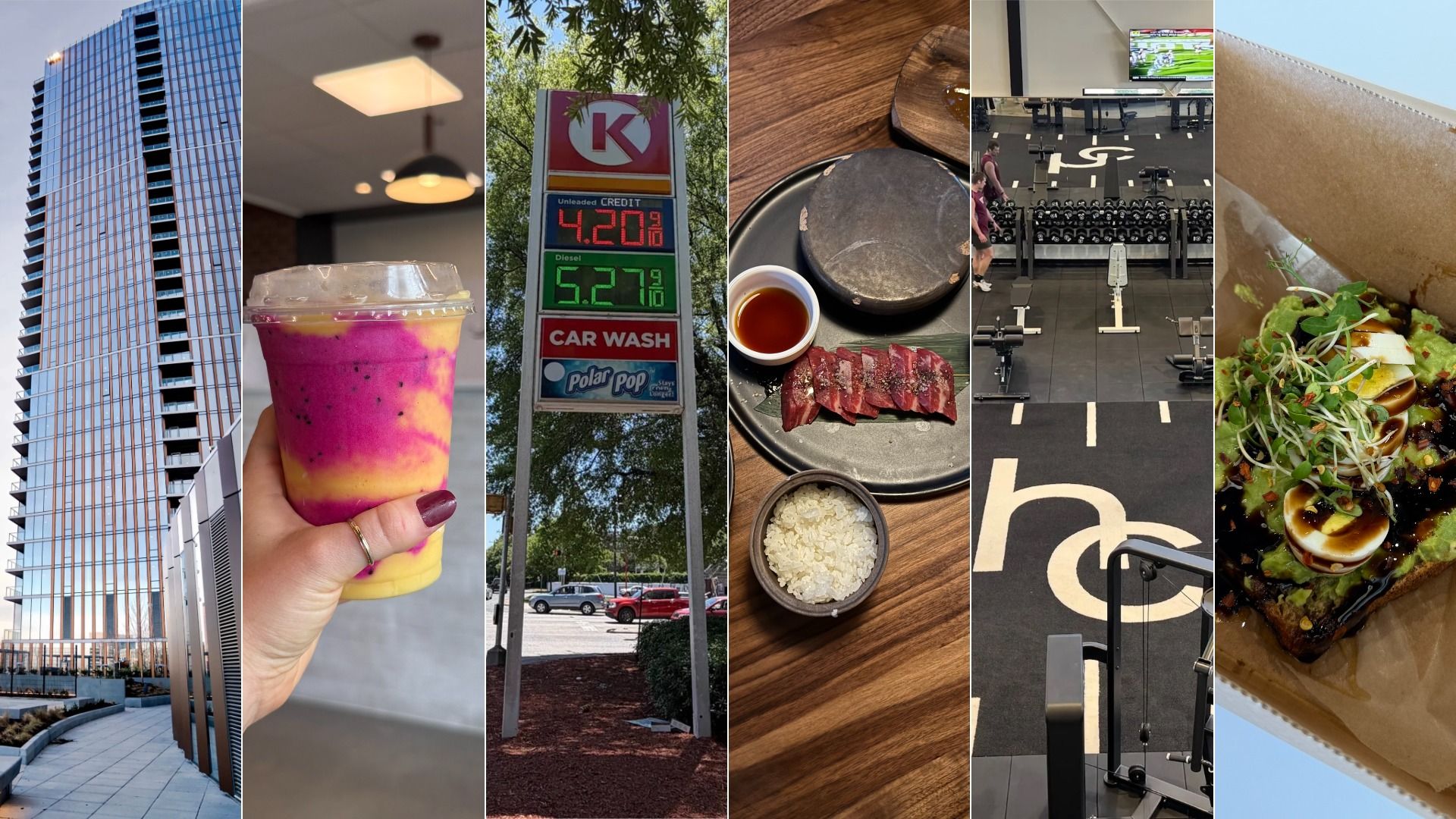 Seven-panel collage: tall glass skyscraper; colorful smoothie in a cup; gas price sign; steak with rice and tea on a wooden table; gym with weights and a disability parking area; plated noodle dish with sprouts and sauce.