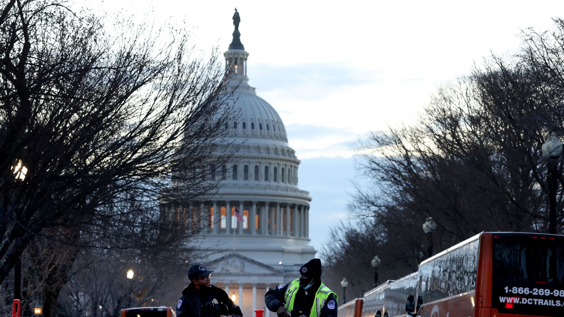 Capitol police officers stand guard near the U.S. Capitol on March 01, 2022.