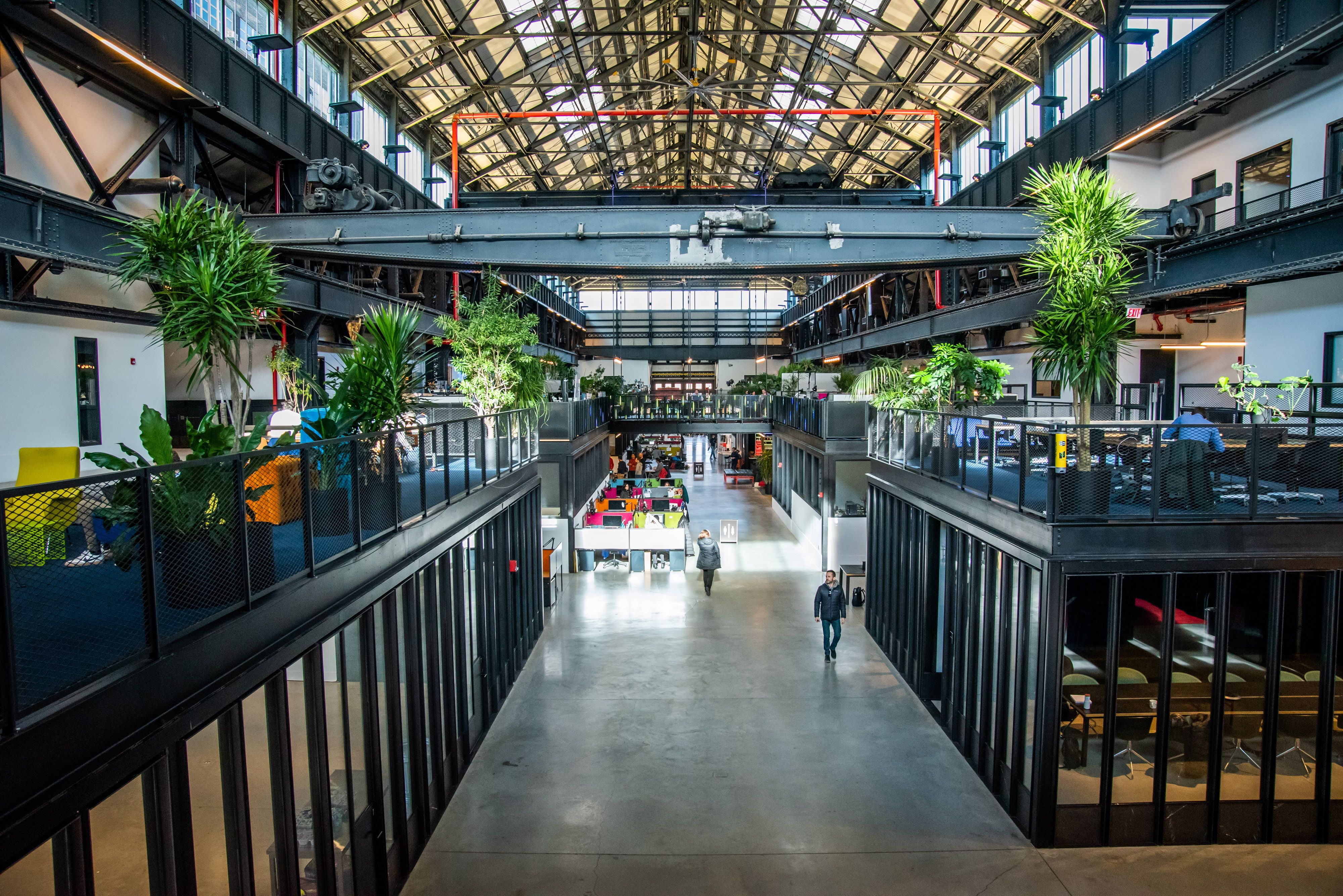 A wide view of a large industrial building converted into separate work areas with desks, seating areas and plants throughout. 