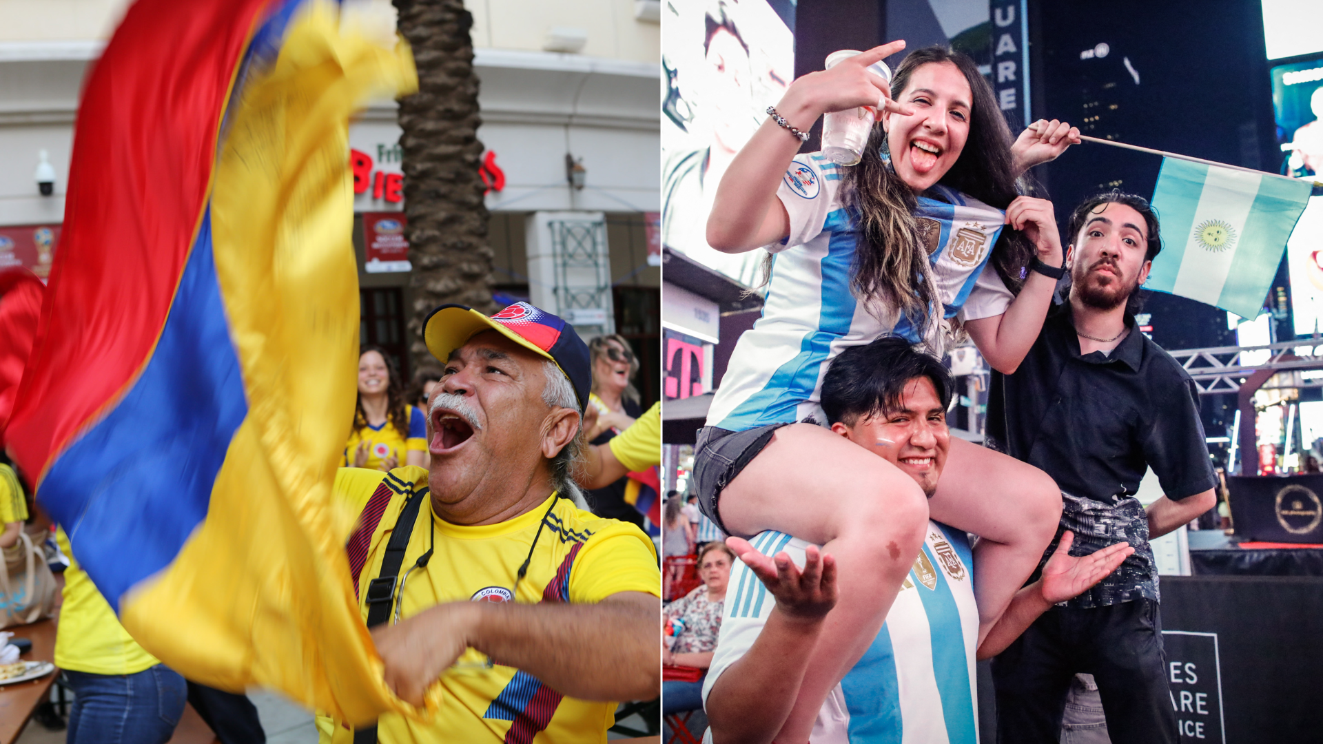 Colombian and Argentinian fans celebrate.