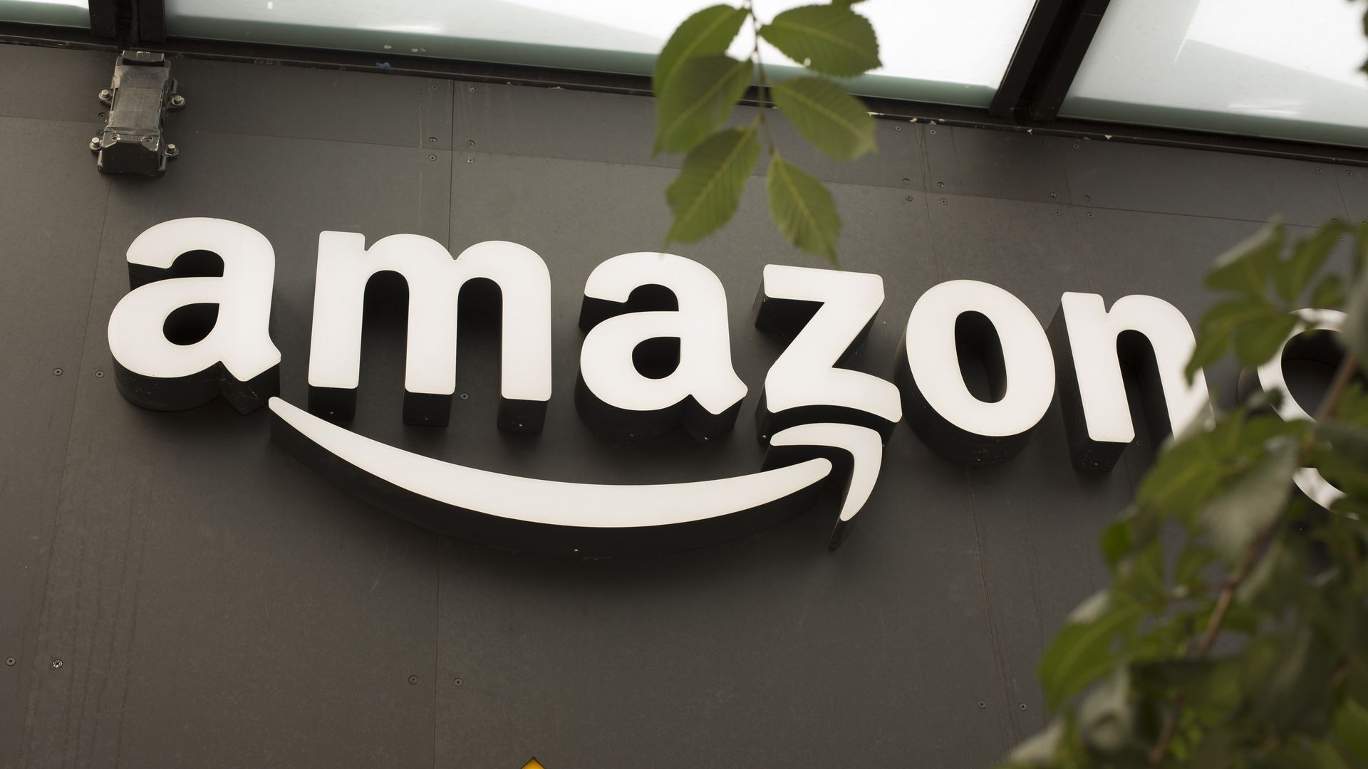 Amazon logo on the side of a building.