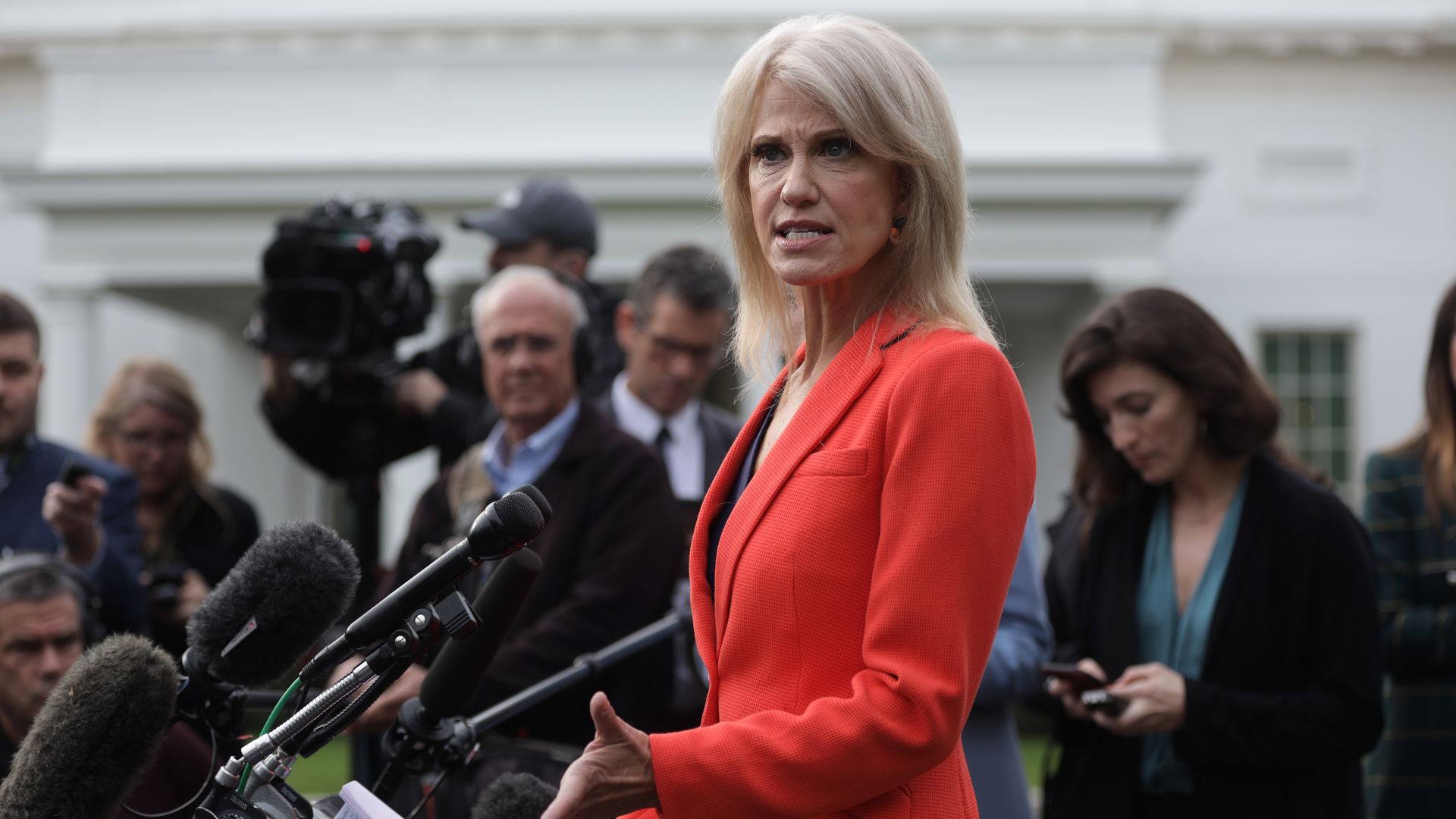 White House senior counselor Kellyanne Conway speaks to members of the media outside the West Wing of the White House October 25, 2019 in Washington, DC. 