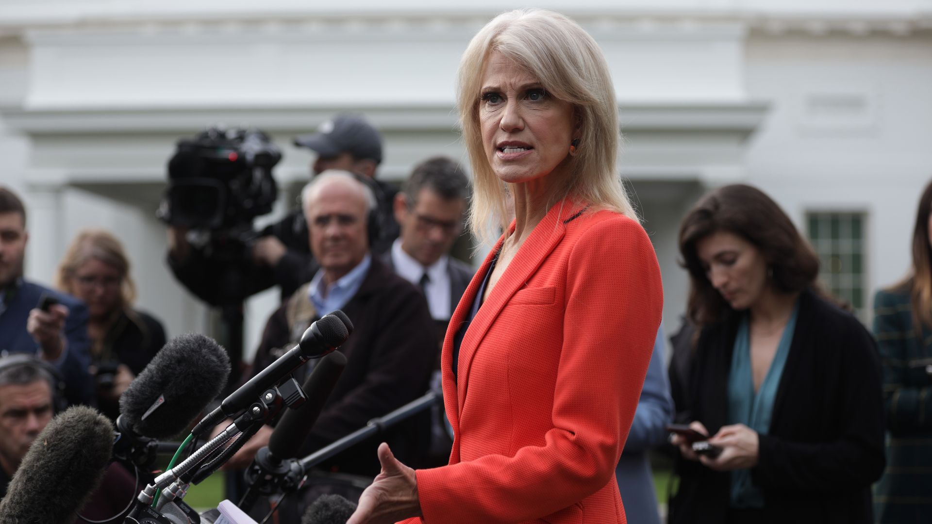 White House senior counselor Kellyanne Conway speaks to members of the media outside the West Wing of the White House October 25, 2019 in Washington, DC.