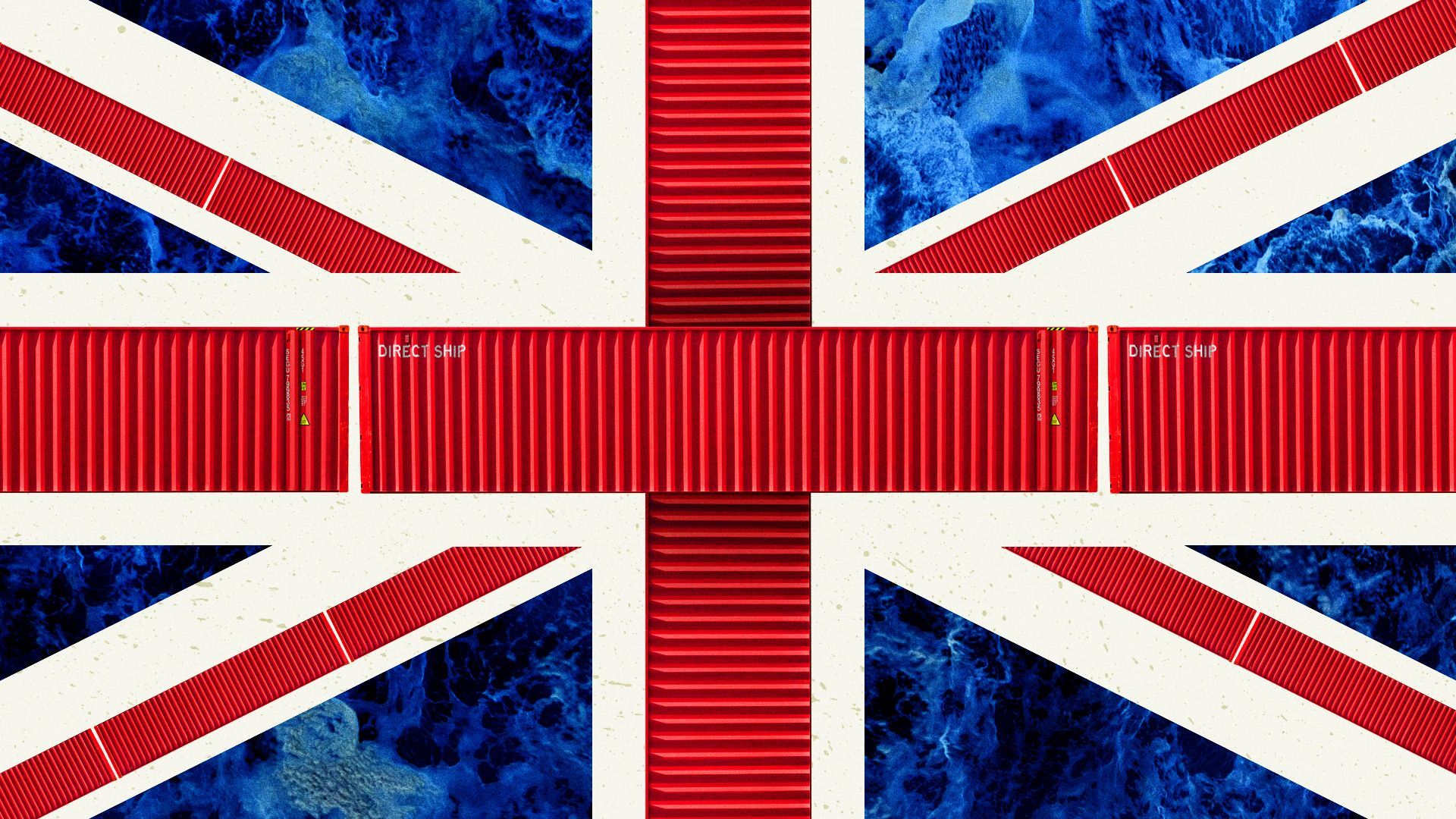 Illustration of the UK flag made up of shipping containers and the ocean.