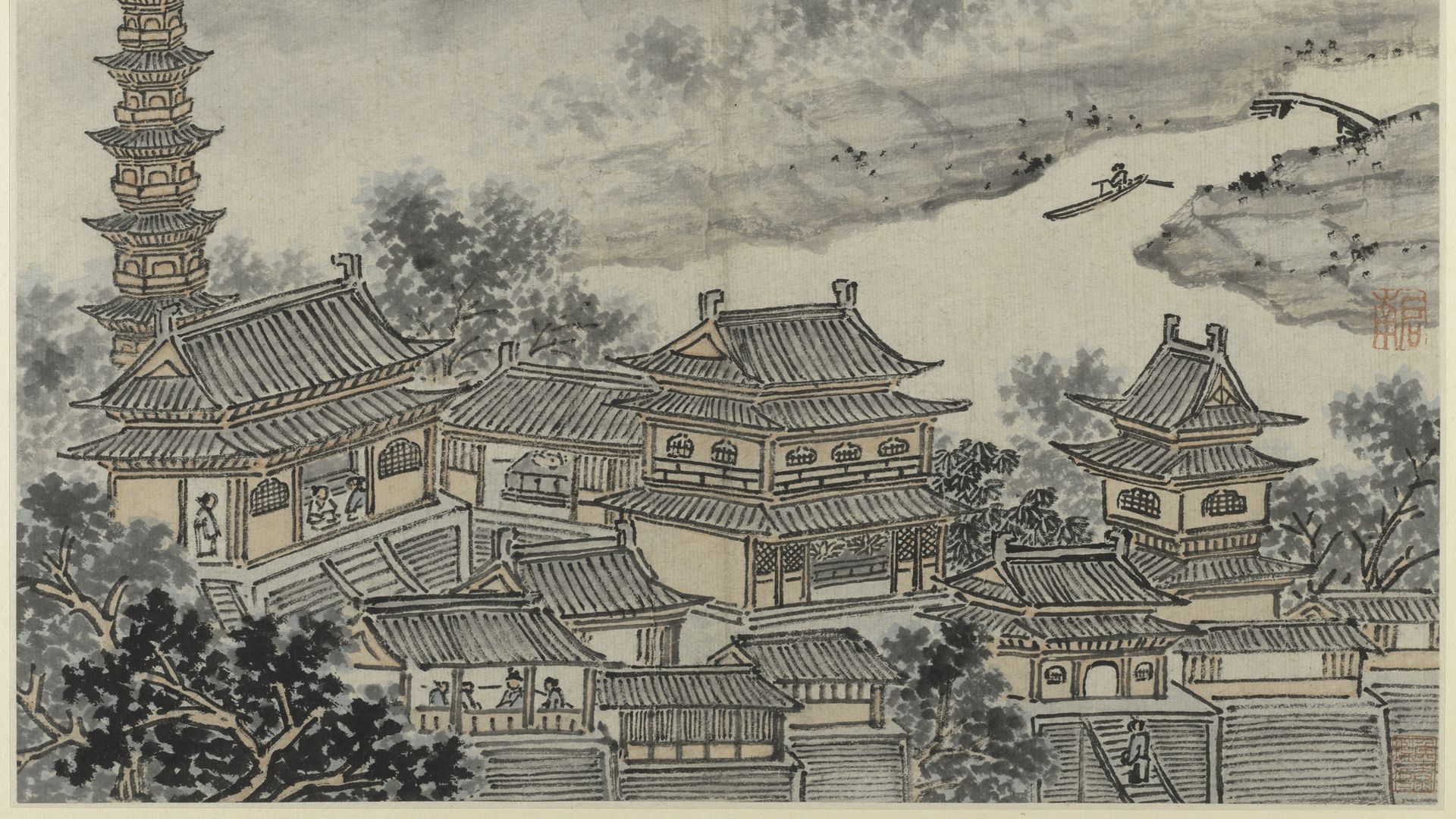 A Chinese ink on paper drawing from the 15th century featuring a village on the banks of a mountain river