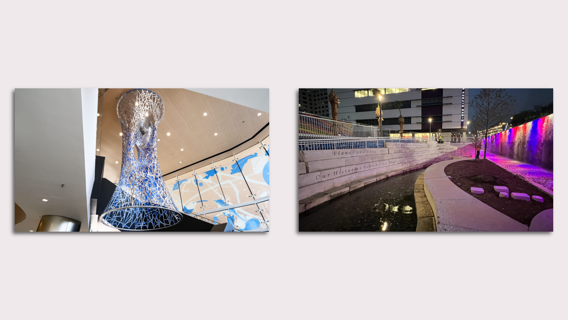 Photos of a steel structure and an illuminated waterfall side-by-side on a pastel background.