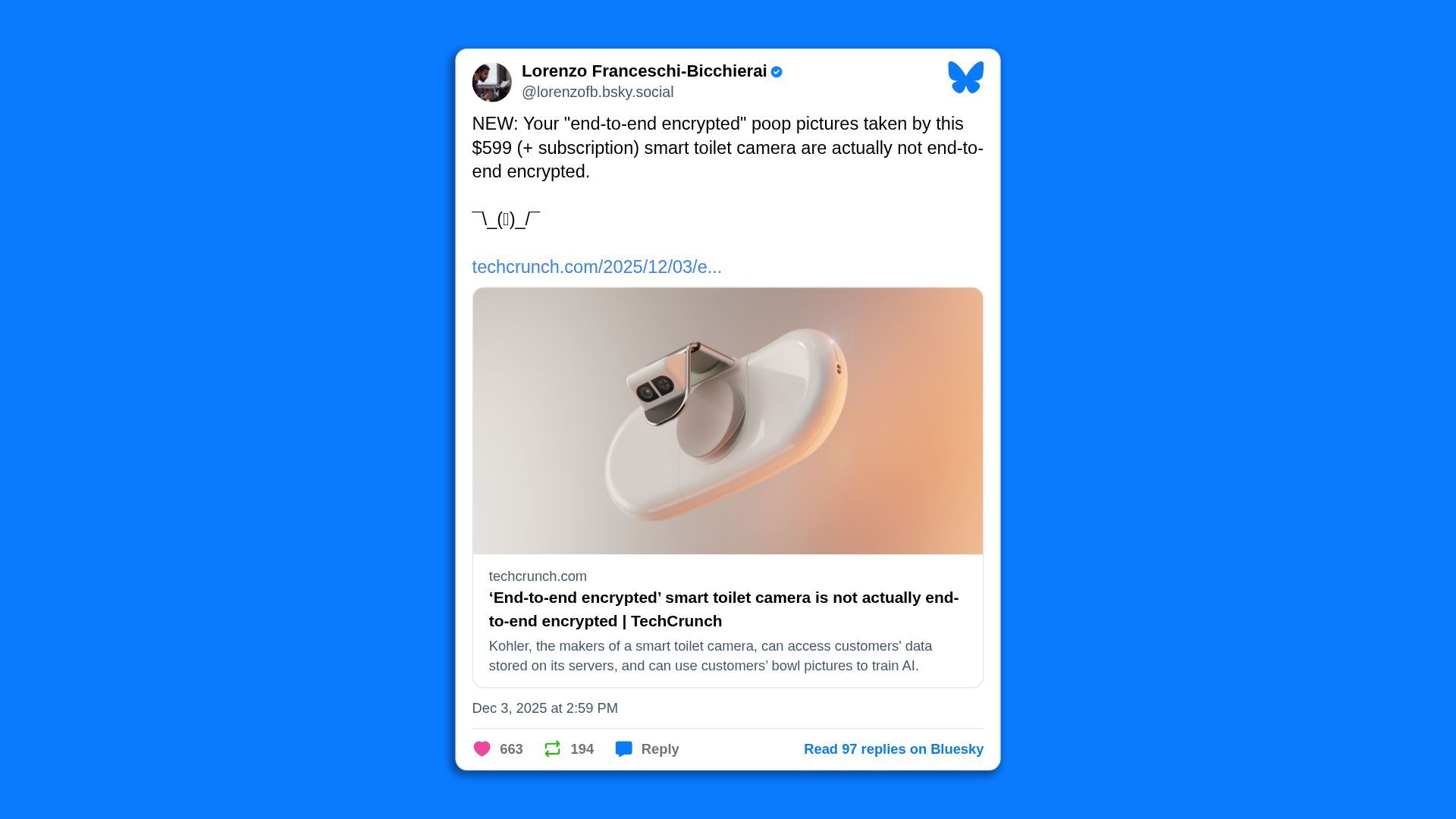 Tweet by Lorenzo Franceschi-Bicchierai about a $599 smart toilet camera that is not truly end-to-end encrypted, with an image of the white and metal camera device against a gradient background.
