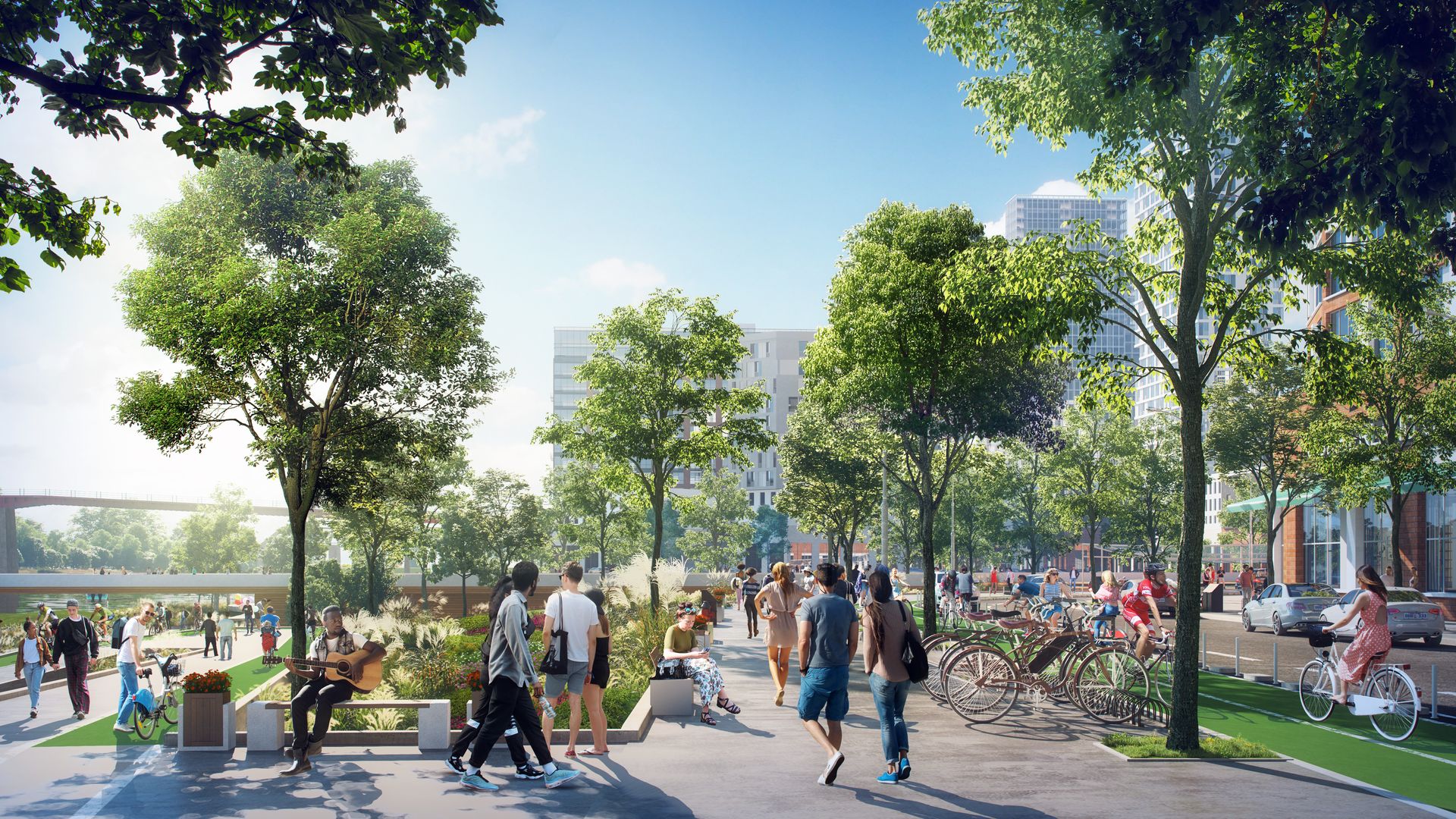 A rendering showing people on a redeveloped East Bank.