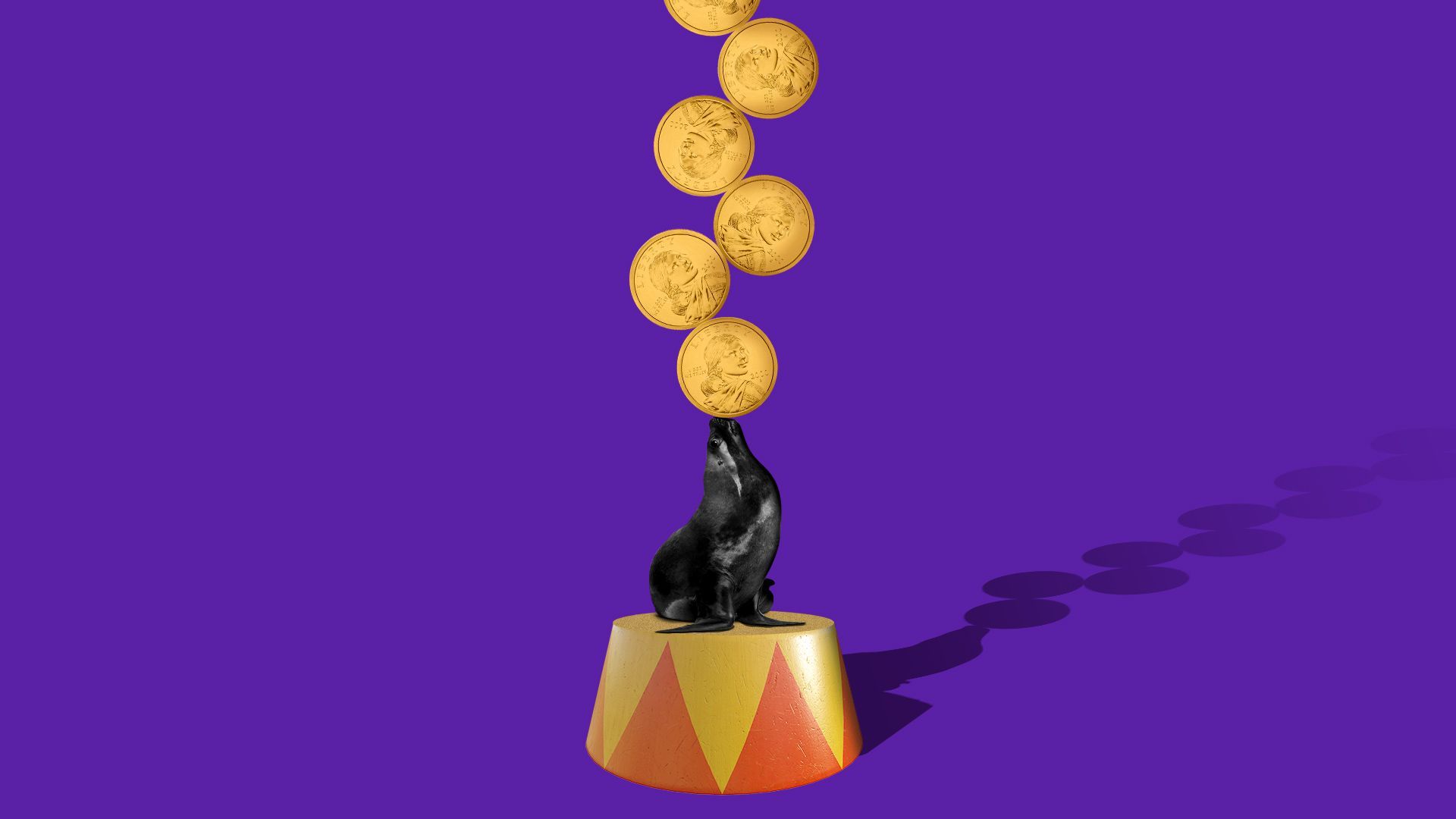 Illustration of a circus seal balancing a never ending tower of Sacagawea coins. 