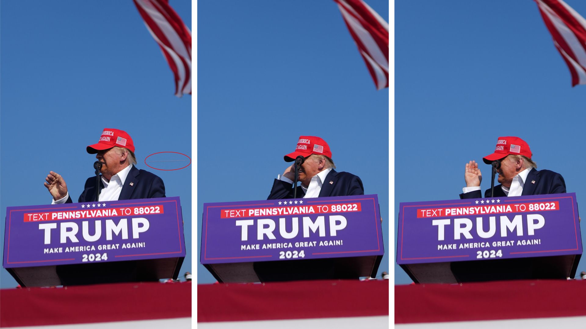 Three images show the moment President Trump realized he'd been injured