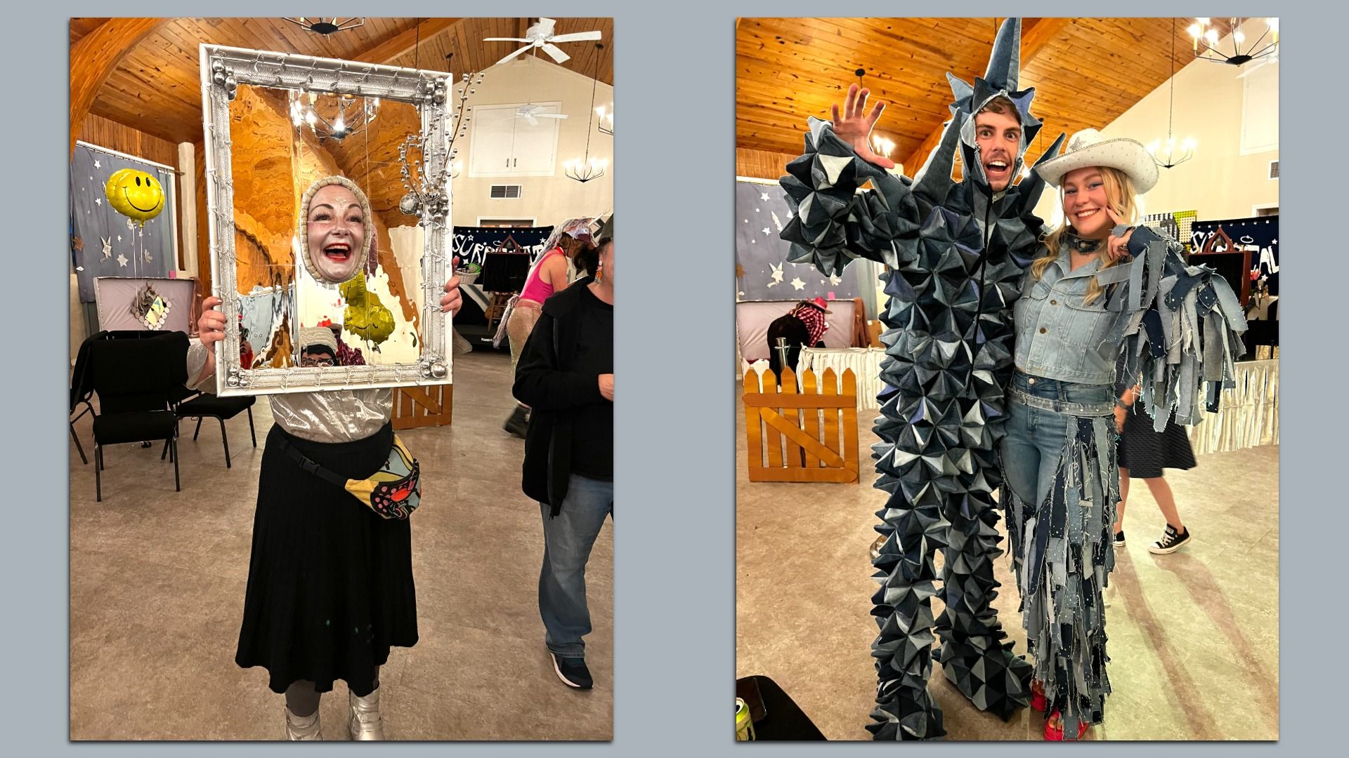 People in creative costumes pose indoors at a festive event—one holds a shiny frame, another wears a spiky suit next to a cowgirl.