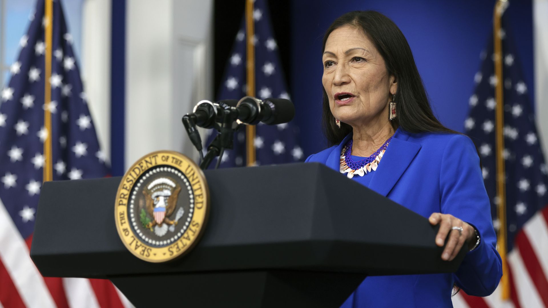 U.S. Interior Secretary Deb Haaland delivers remarks at the 2021 Tribal Nations Summit,mber 15, 2021 in Washington, DC. 