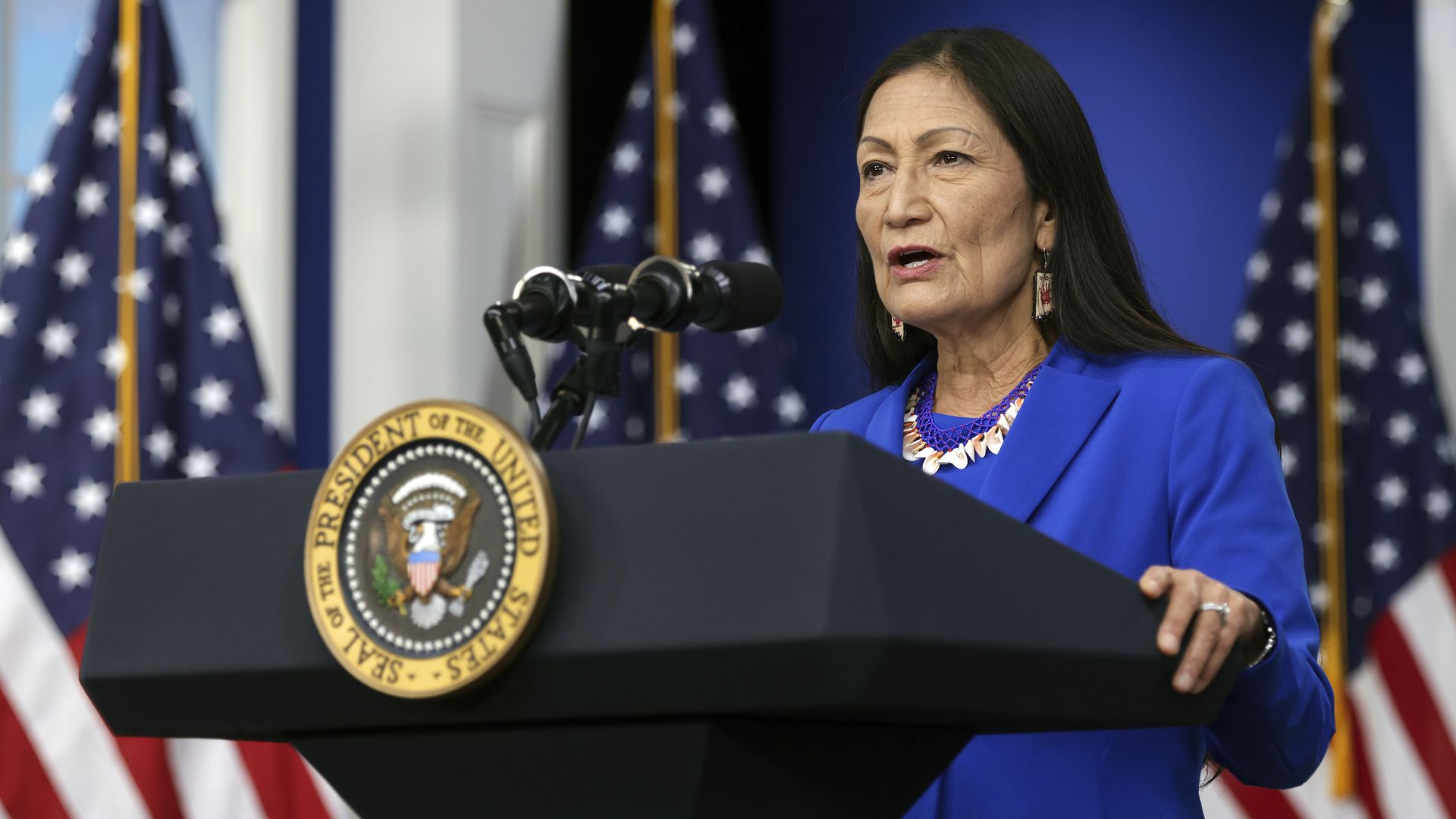 U.S. Interior Secretary Deb Haaland delivers remarks at the 2021 Tribal Nations Summit,mber 15, 2021 in Washington, DC.
