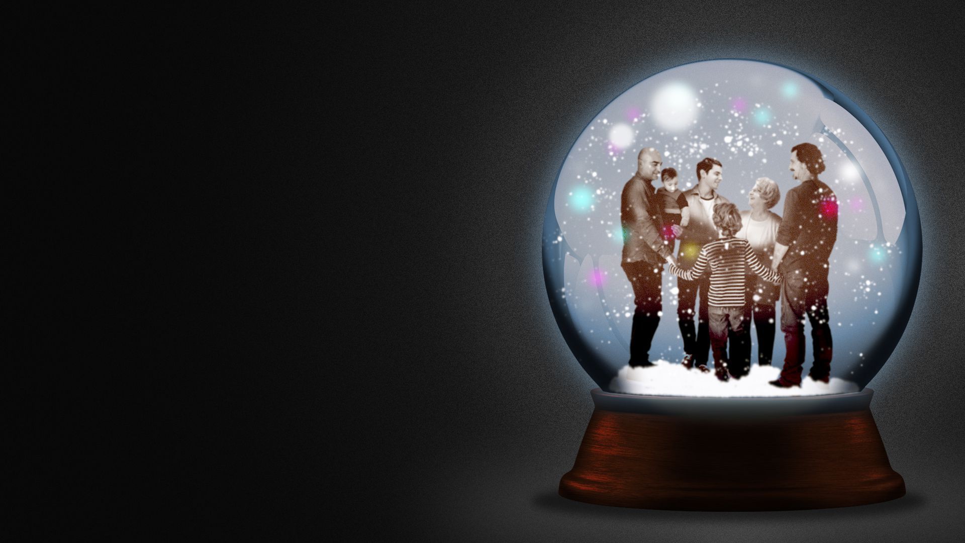 Illustration of a snow globe with a family inside
