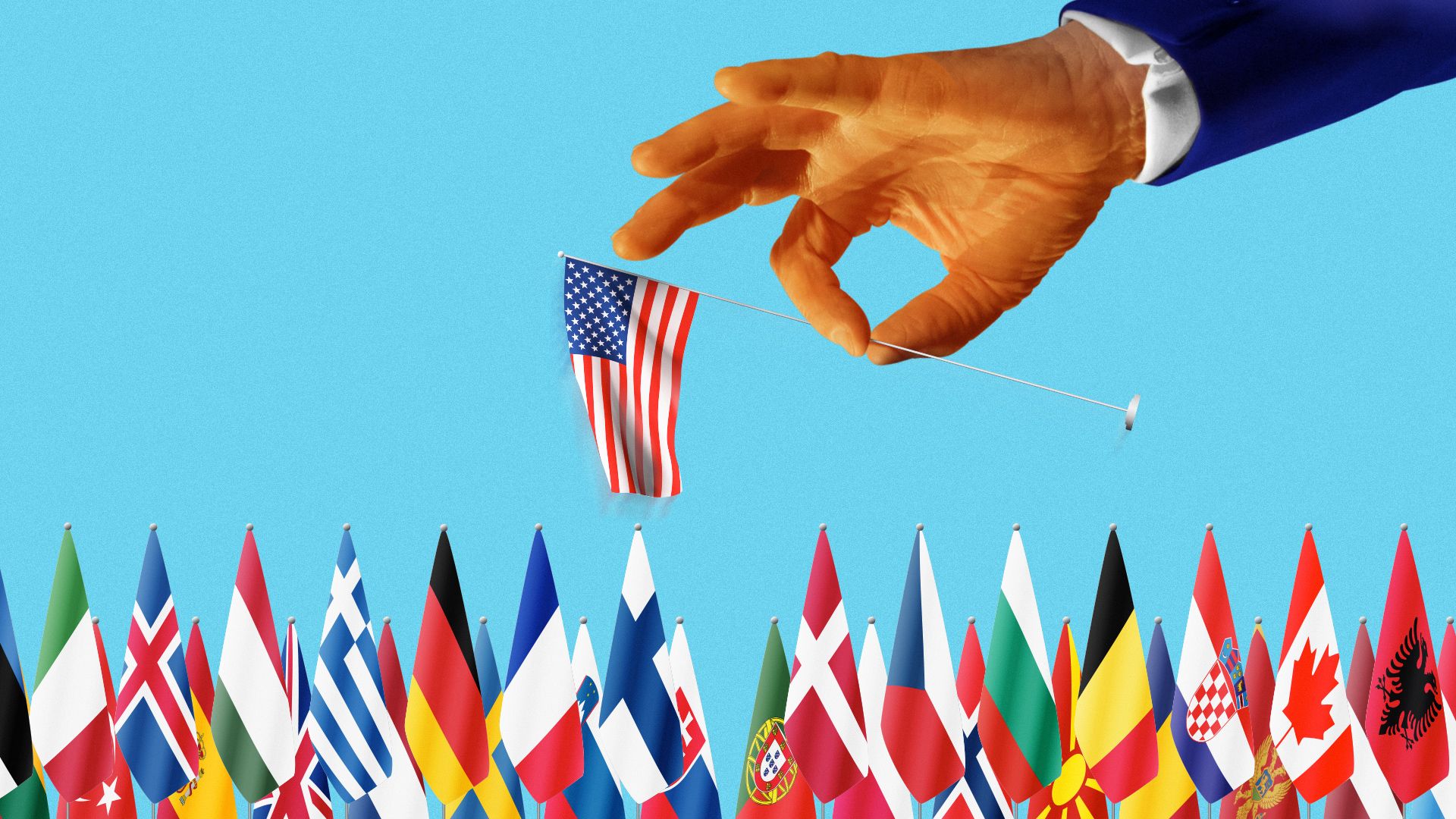 Photo illustration of President Trump's hand plucking the U.S. flag out from a line of NATO flags. 