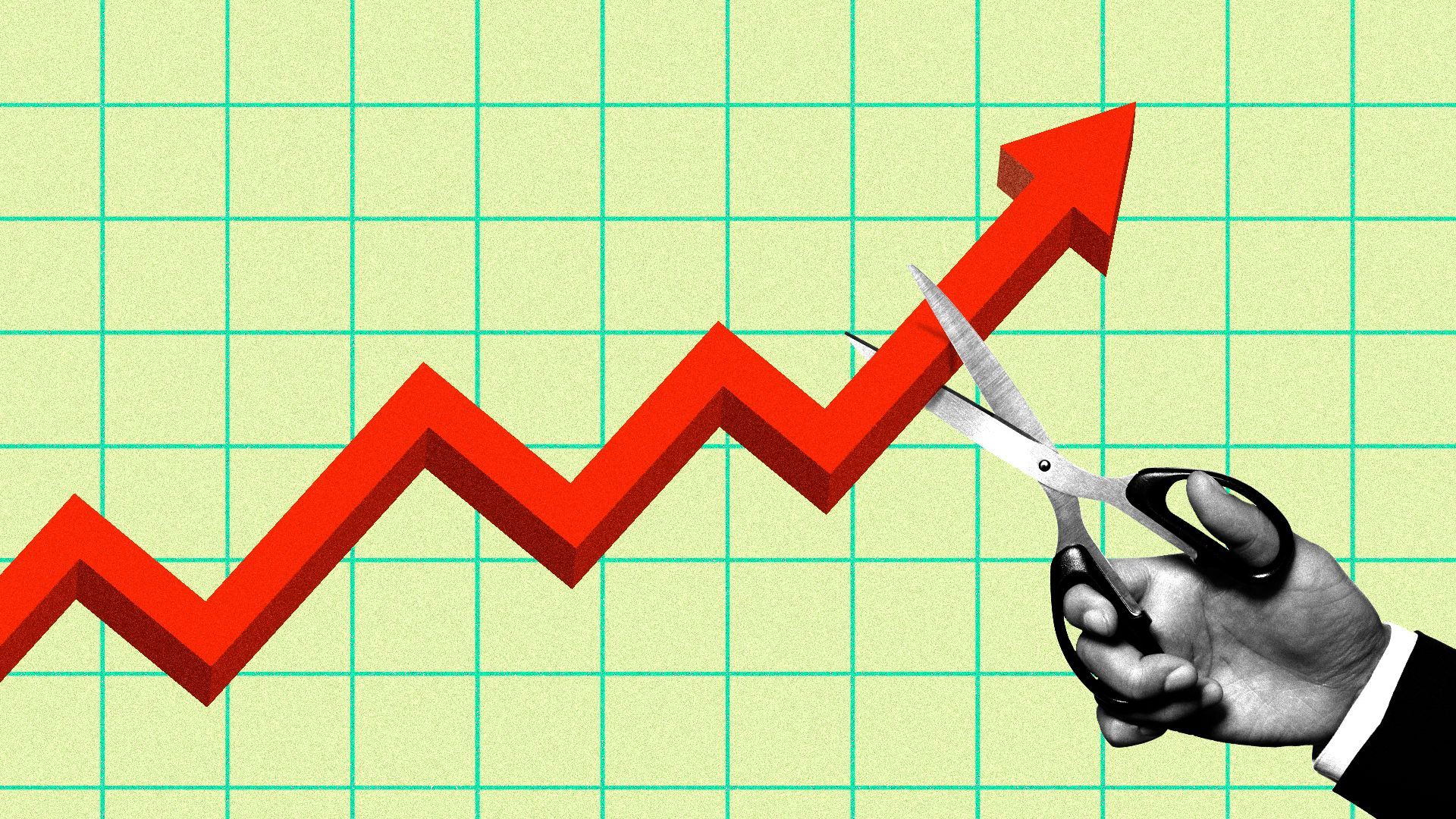 Illustration of graph showing stock arrowing upwards being cut by a hand holding scissors