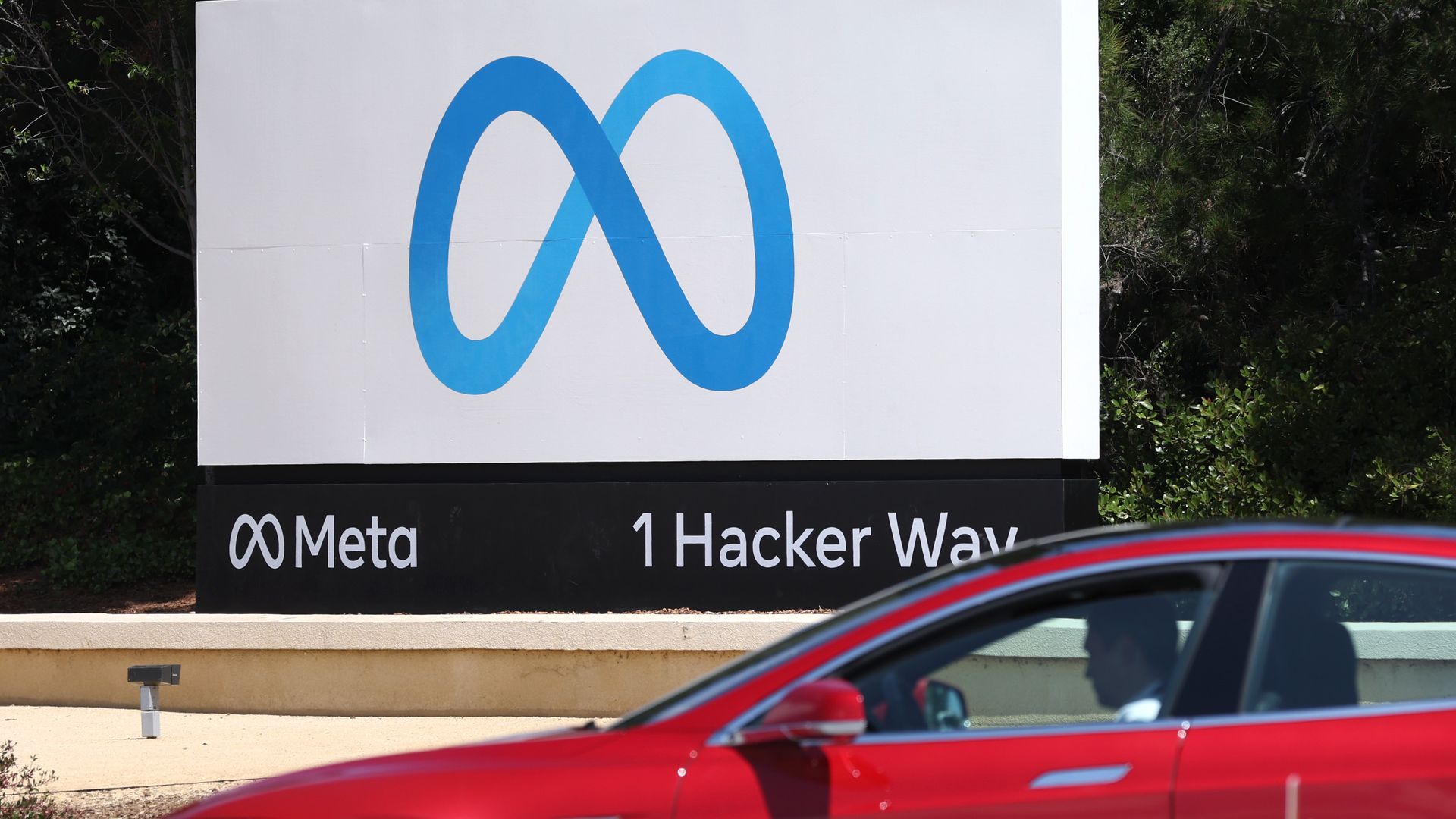 A sign is posted in front of Meta headquarters on April 28, 2022 in Menlo Park, California.