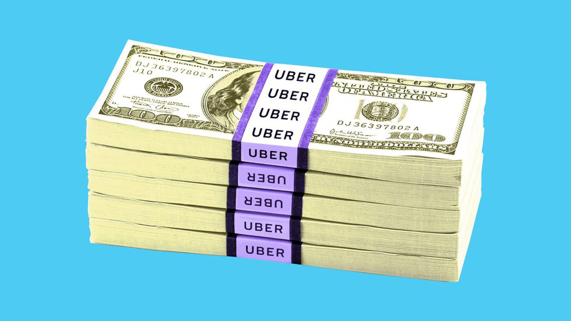 Illustration of a stack of 100 dollar bills with a label that says Uber.