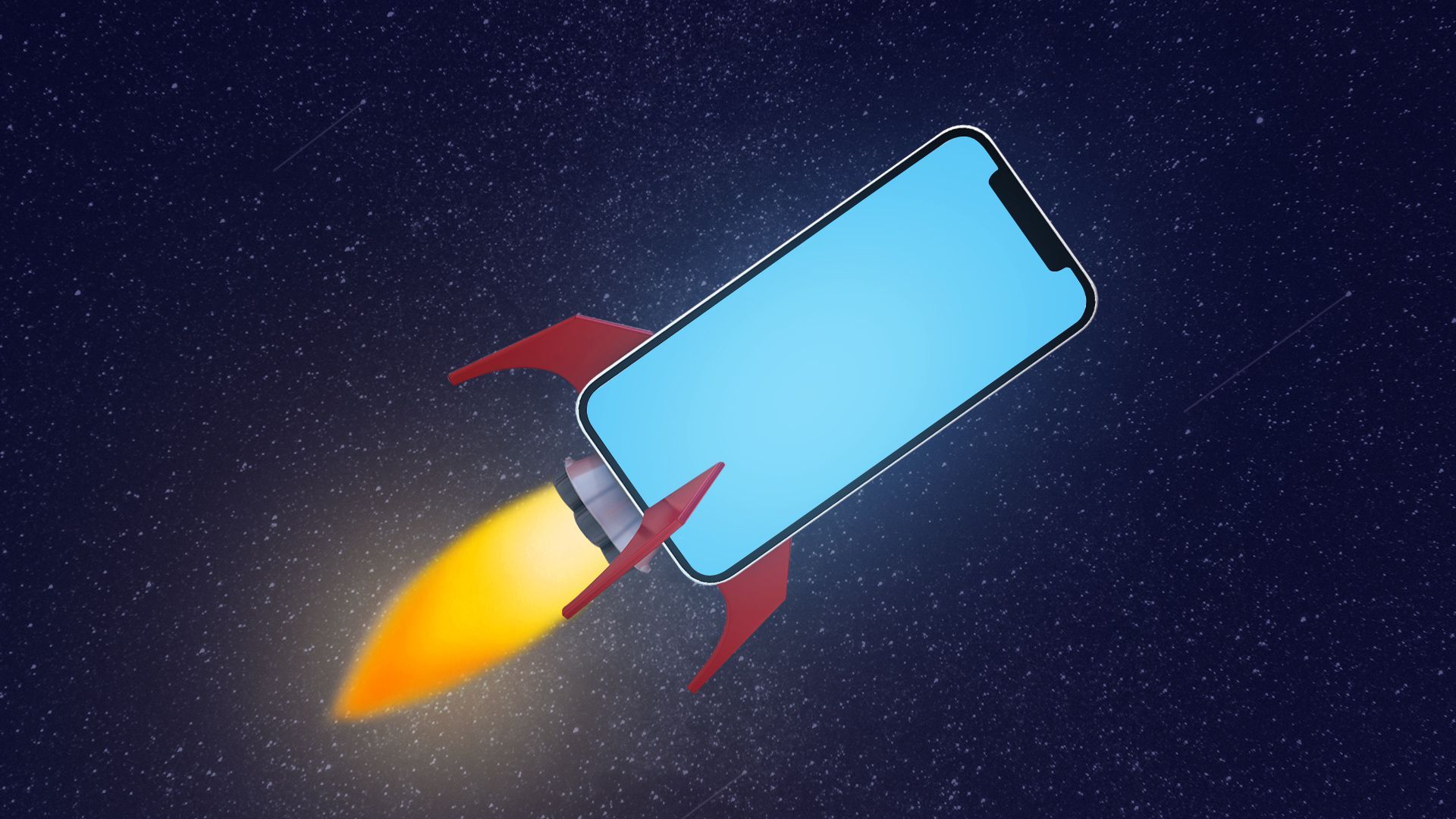 Illustration of a smartphone as a rocket hurtling through space.