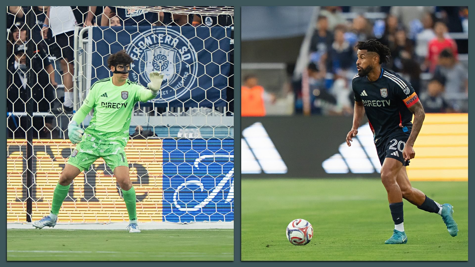 Side by side images show a SDFC goalkeeper CJ Dos Santos in a lime green uniform and a face mask standing in front of goal (left) and a SDFC's Aníbal Godoy dribbling a ball on the field wearing a dark blue uniform.