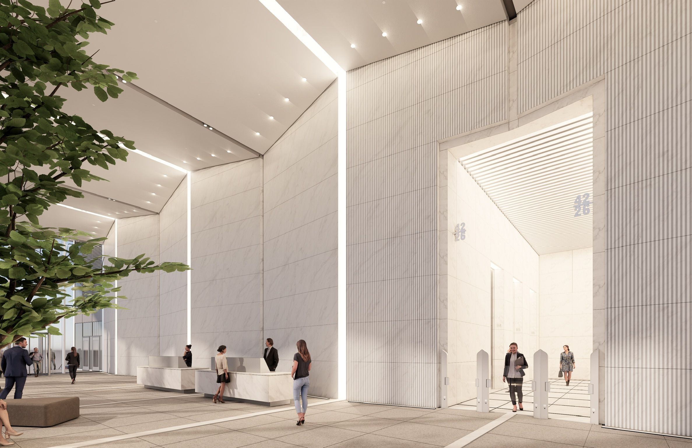 Bright, modern lobby with tall white walls, vertical light strip accents, and beige floor tiles. Several people walk or talk near marble reception desks. A potted green tree is on the left.