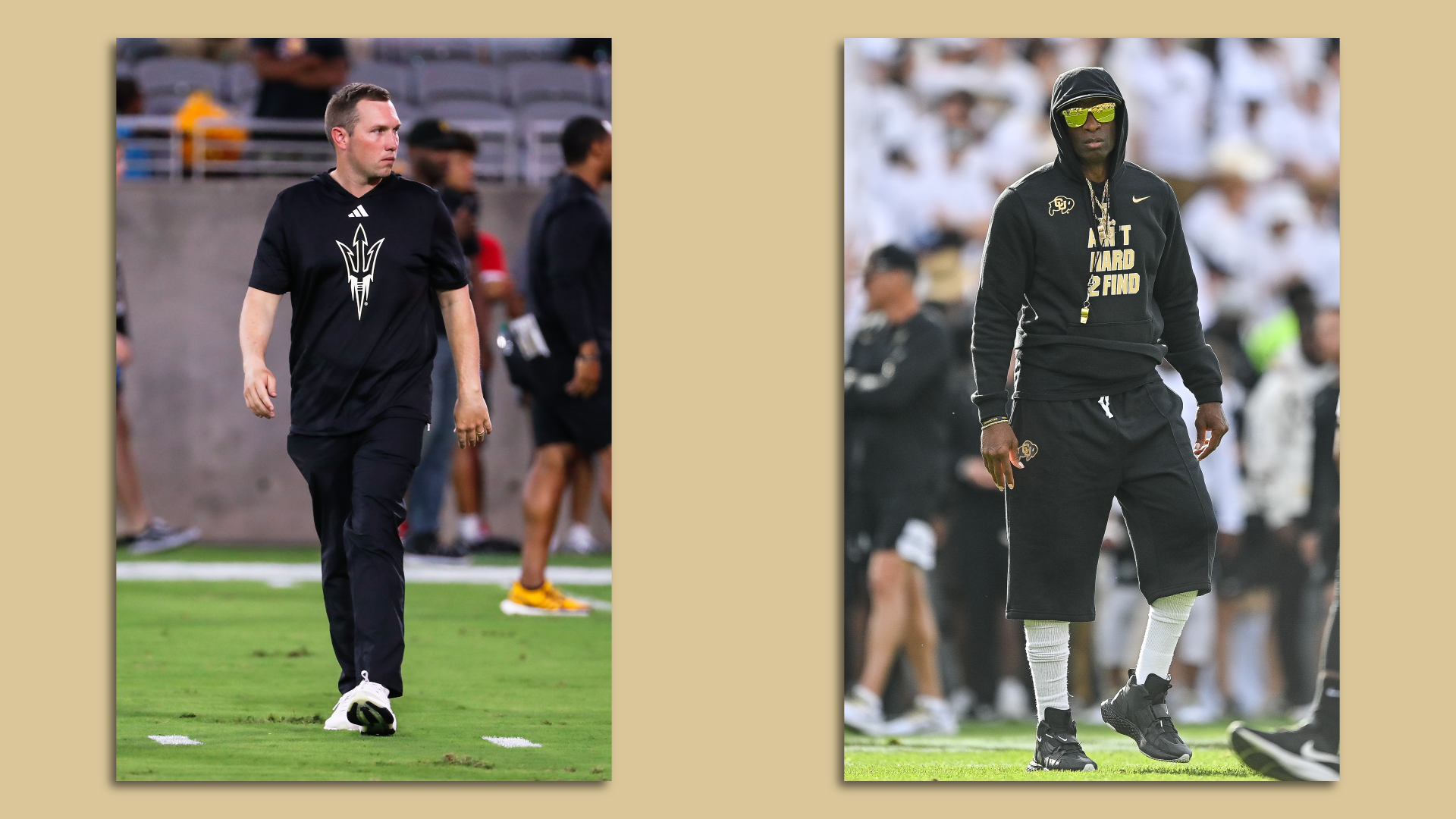 Side by side photos of football coaches. 
