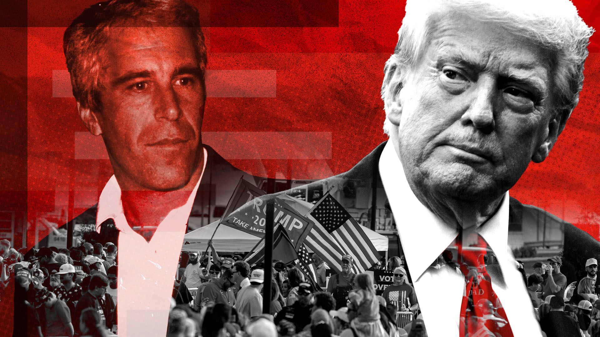 Photo illustration of Jeffrey Epstein, President  Donald Trump, and  crowd holding American flags and Trump  banners.