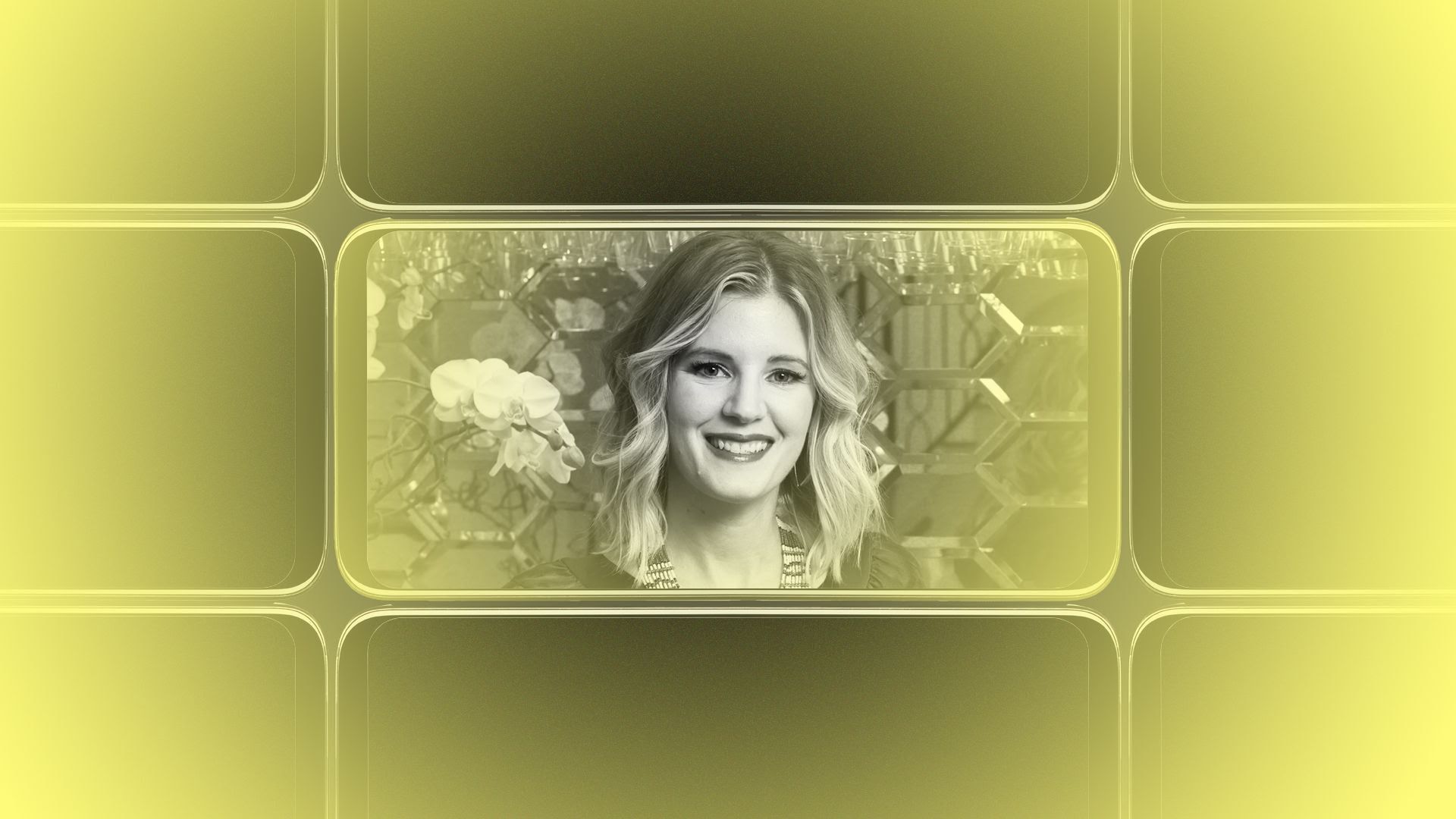 Headshot of Erin Meagher laid over a yellow grid illustration.
