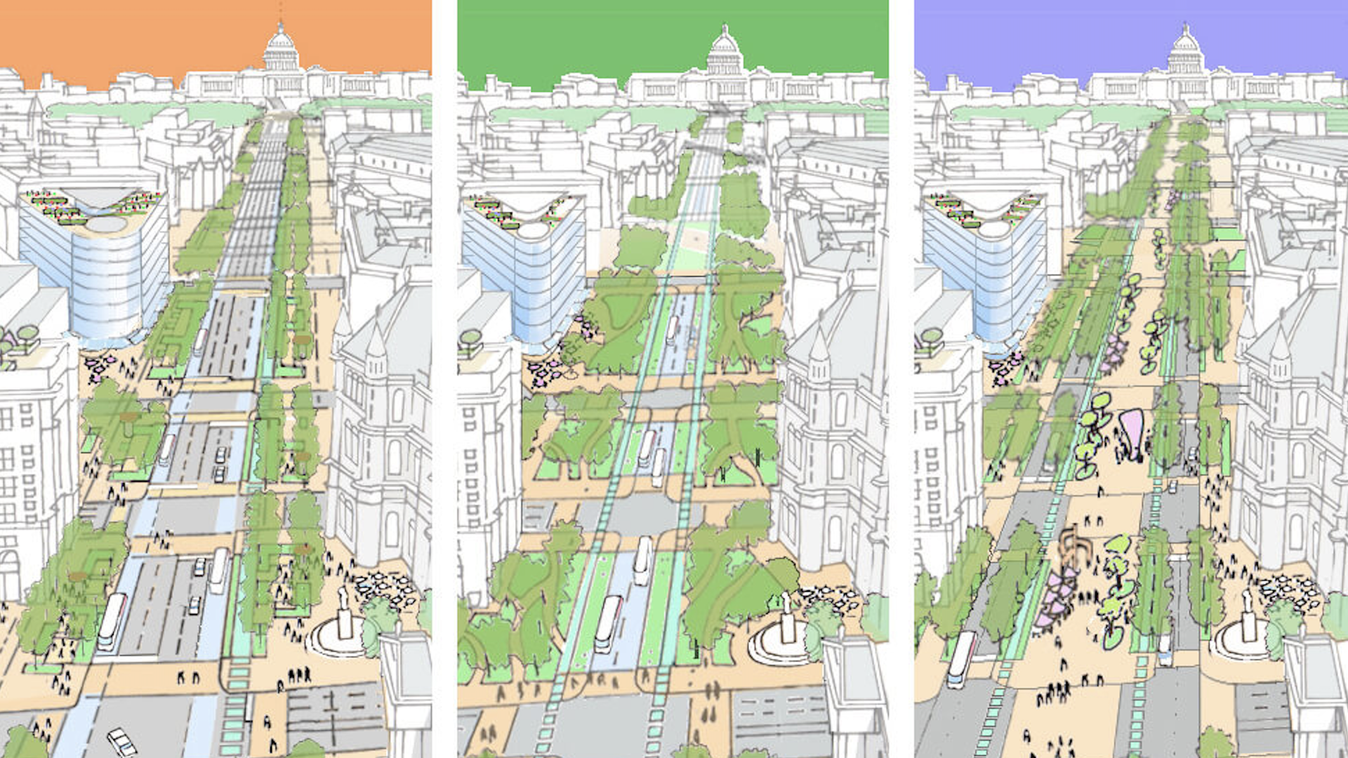 Renderings of a concept remake of Pennsylvania Avenue, showing more zones for parks, pedestrians and transit